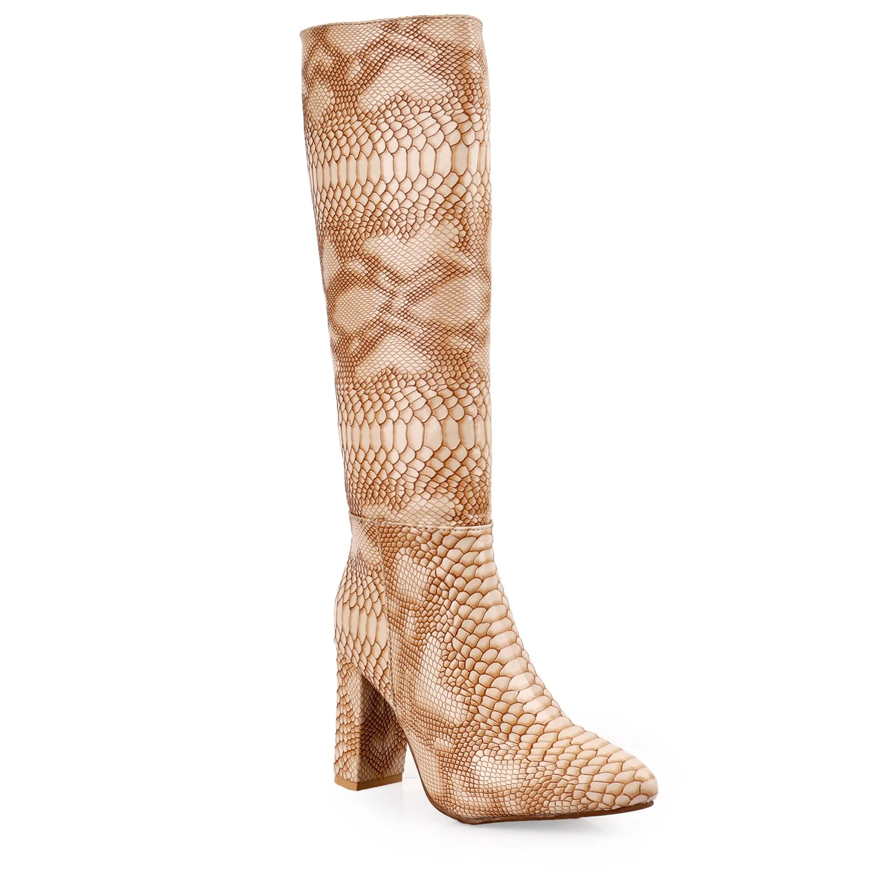 Designer beige knee-high boots women faux-snake texture premium vegan materials