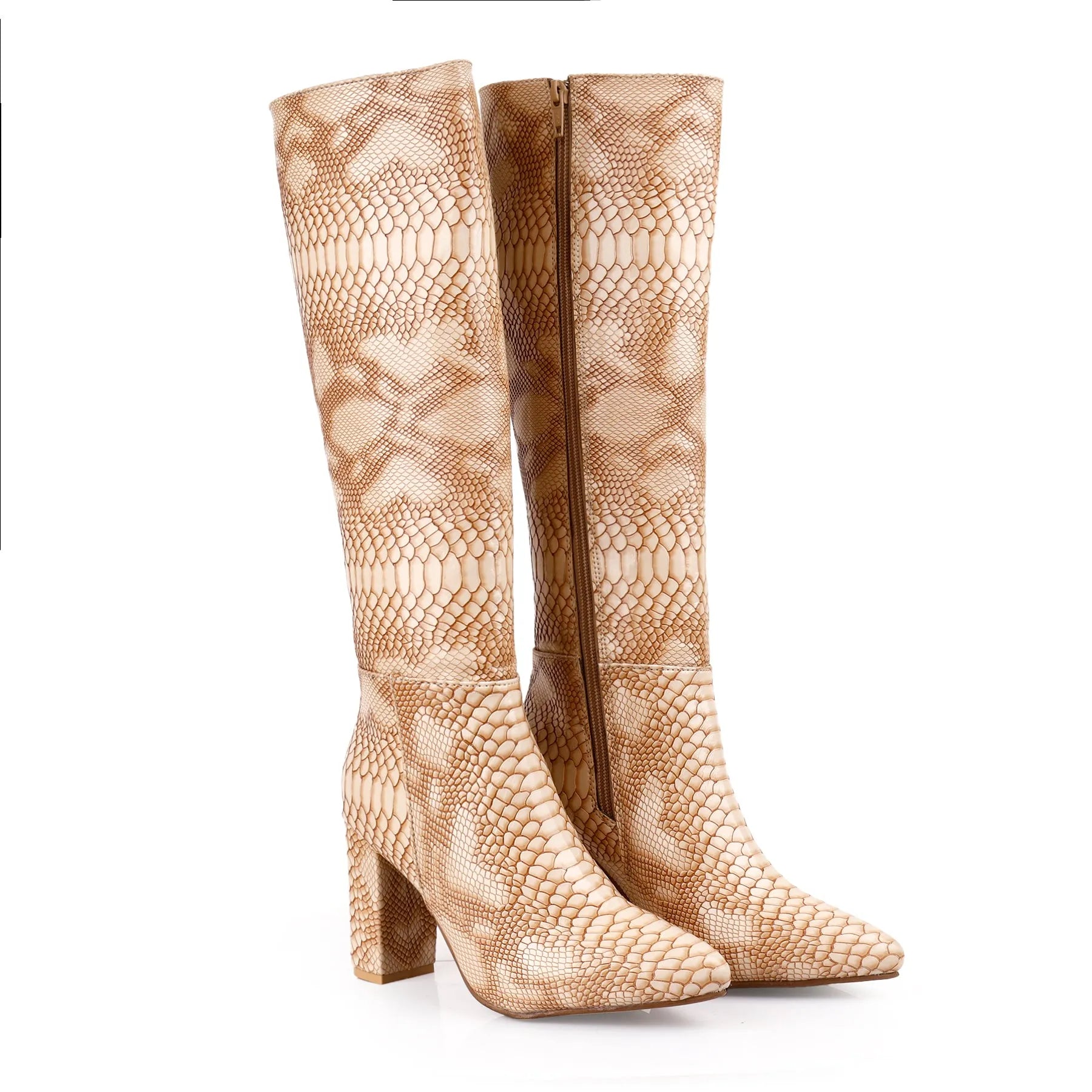 Elegant beige faux-snake knee boots women luxury vegan footwear knee-high