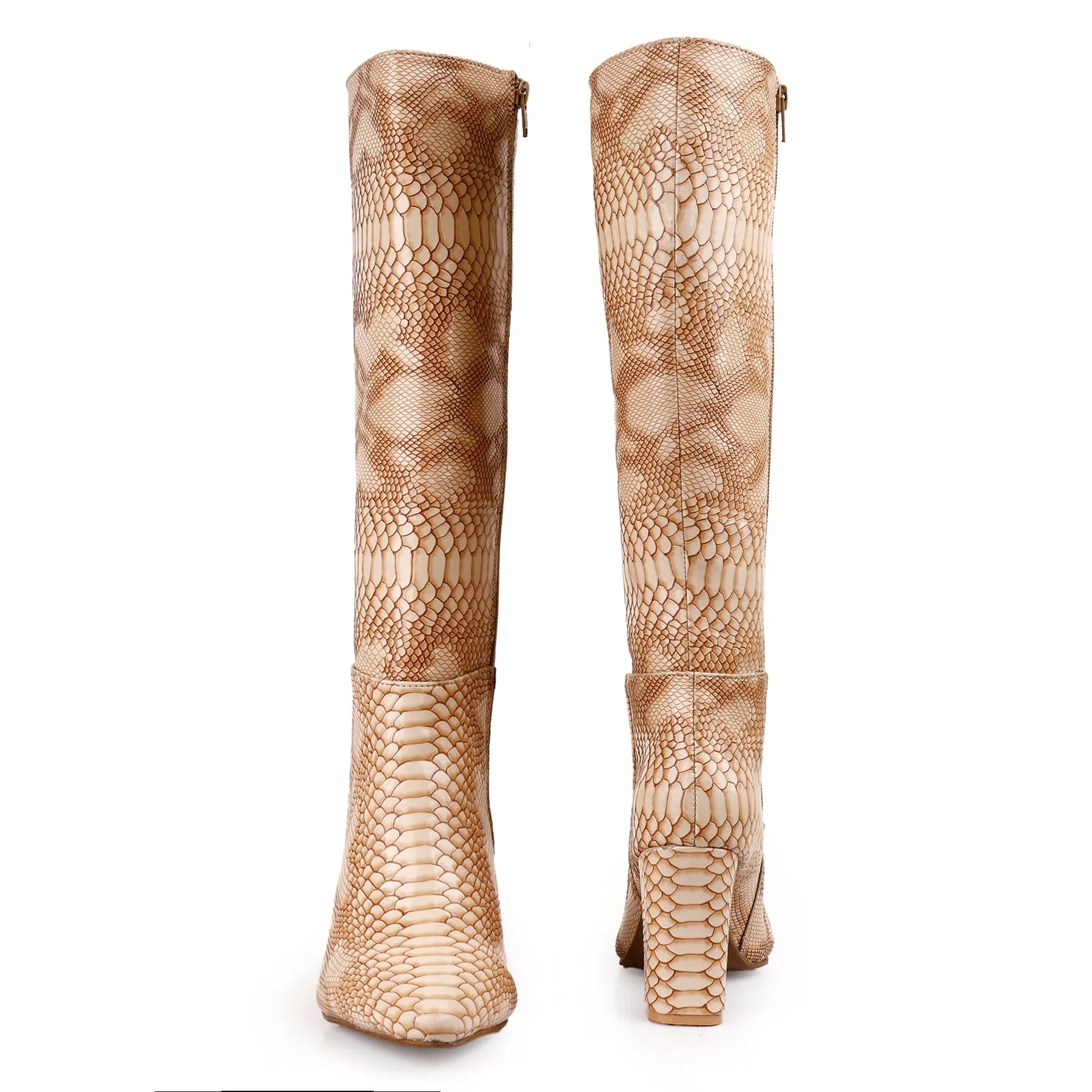 Premium beige vegan knee-high boots women faux snake-print luxury vegan design