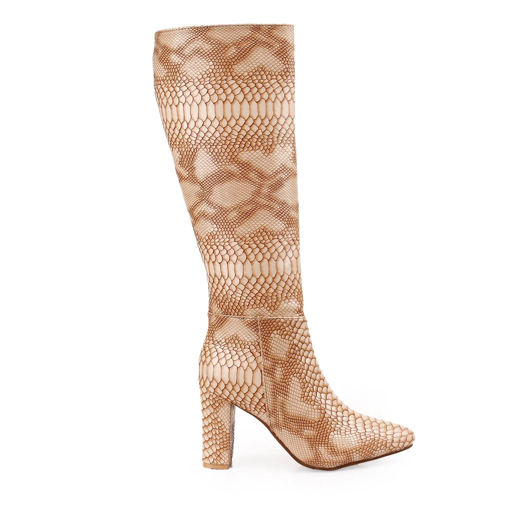 Beige vegan knee-high boots for women with faux snake pattern and refined silhouette