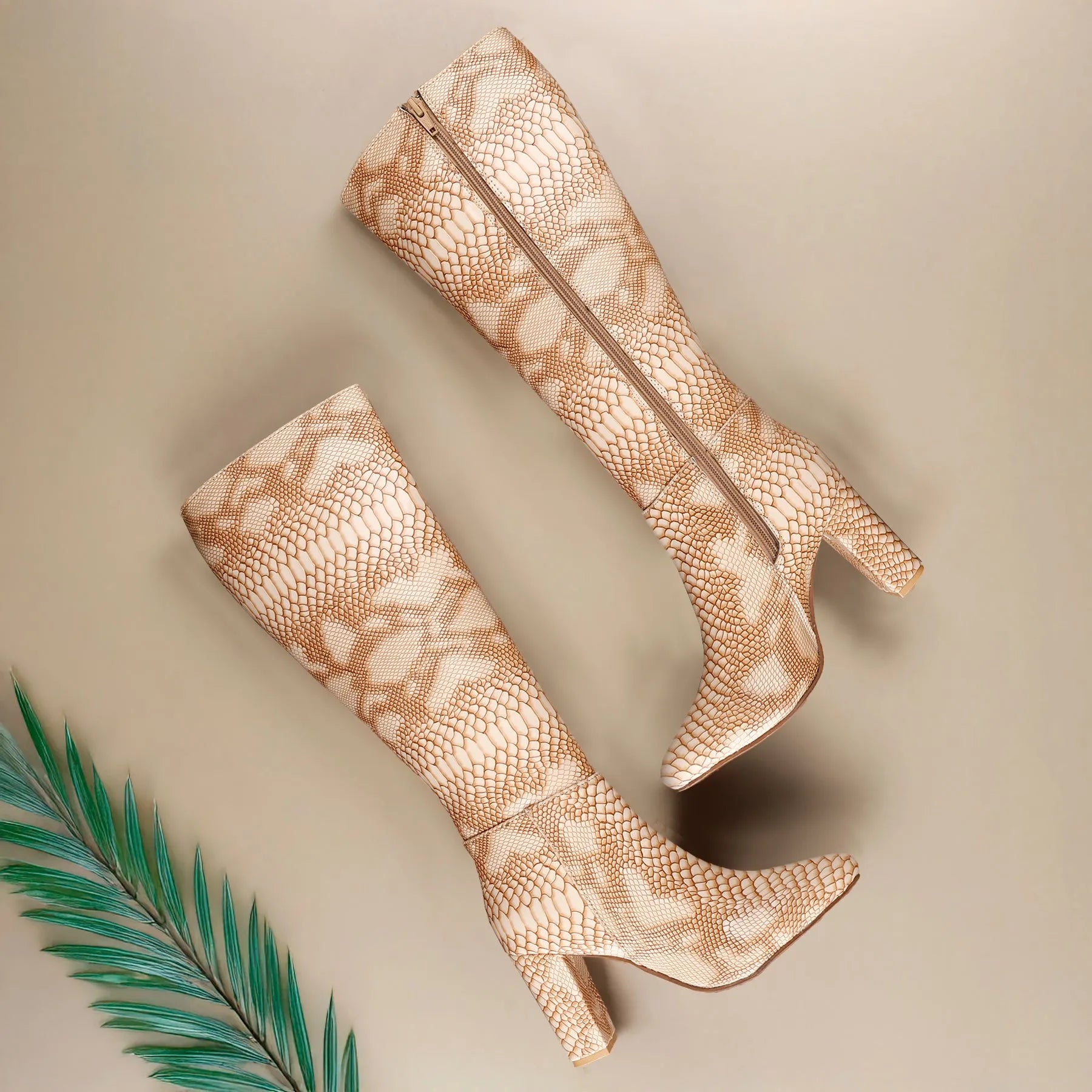Women’s beige vegan knee-high boots faux snake-effect finish cruelty-free