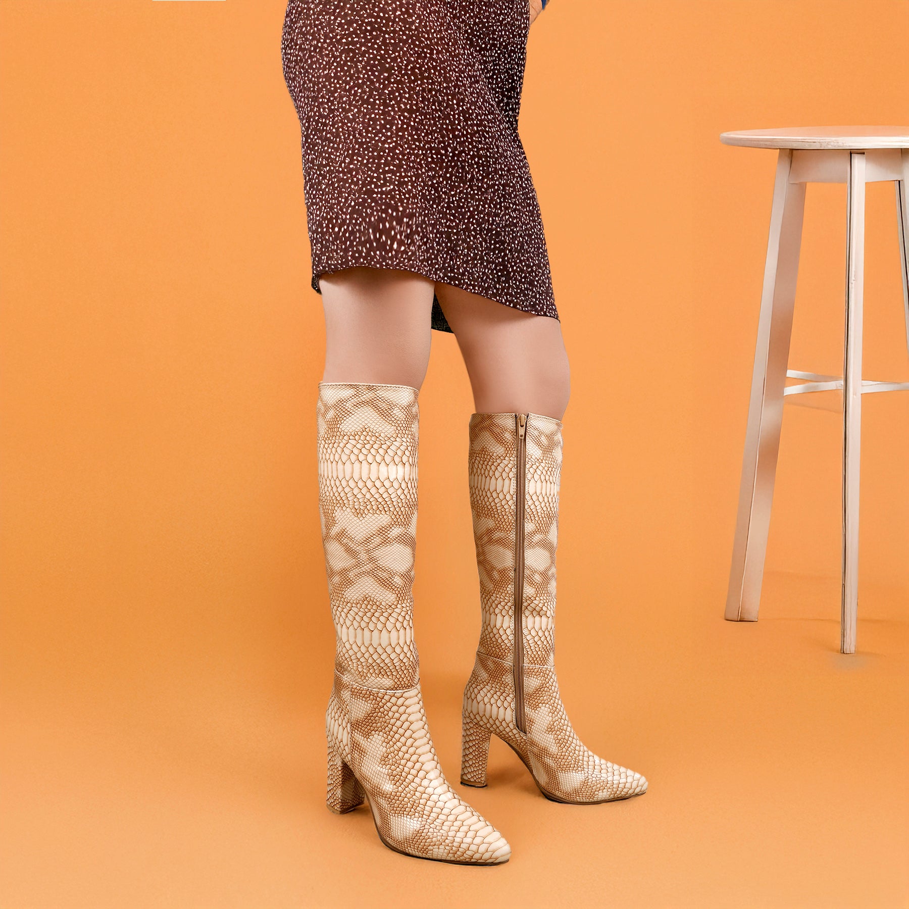 Women's Luxe Faux Snake Knee-High Boots – Black Gloss Finish