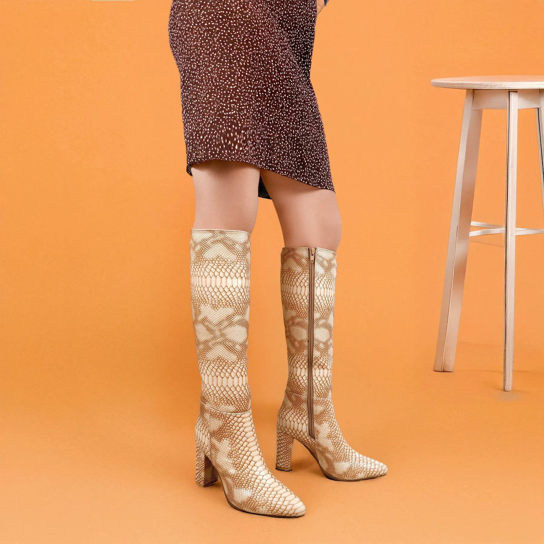 Luxury beige faux-snake knee-high boots women high heel – Marco Bellorri