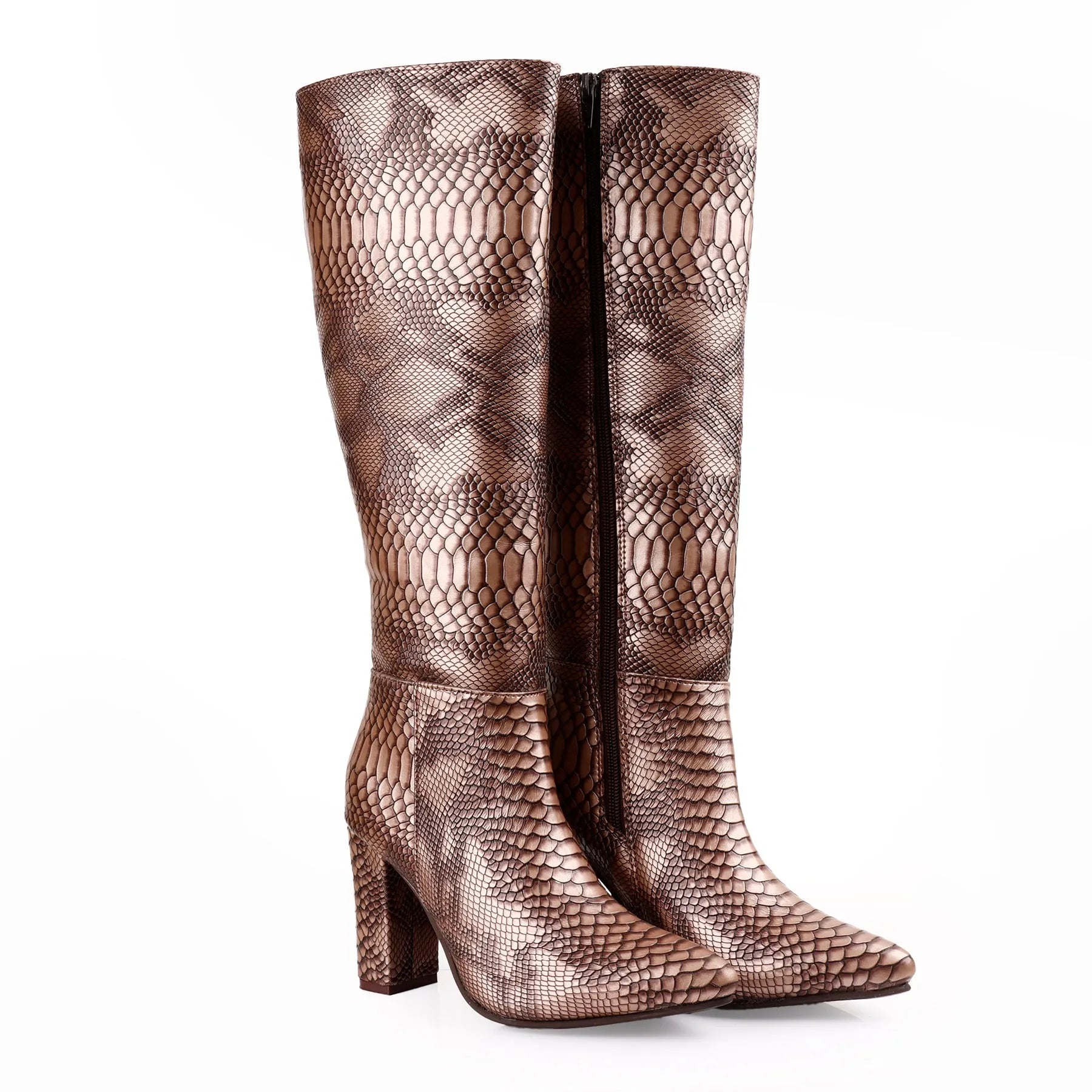 Elegant brown faux-snake knee boots women luxury vegan footwear knee-high