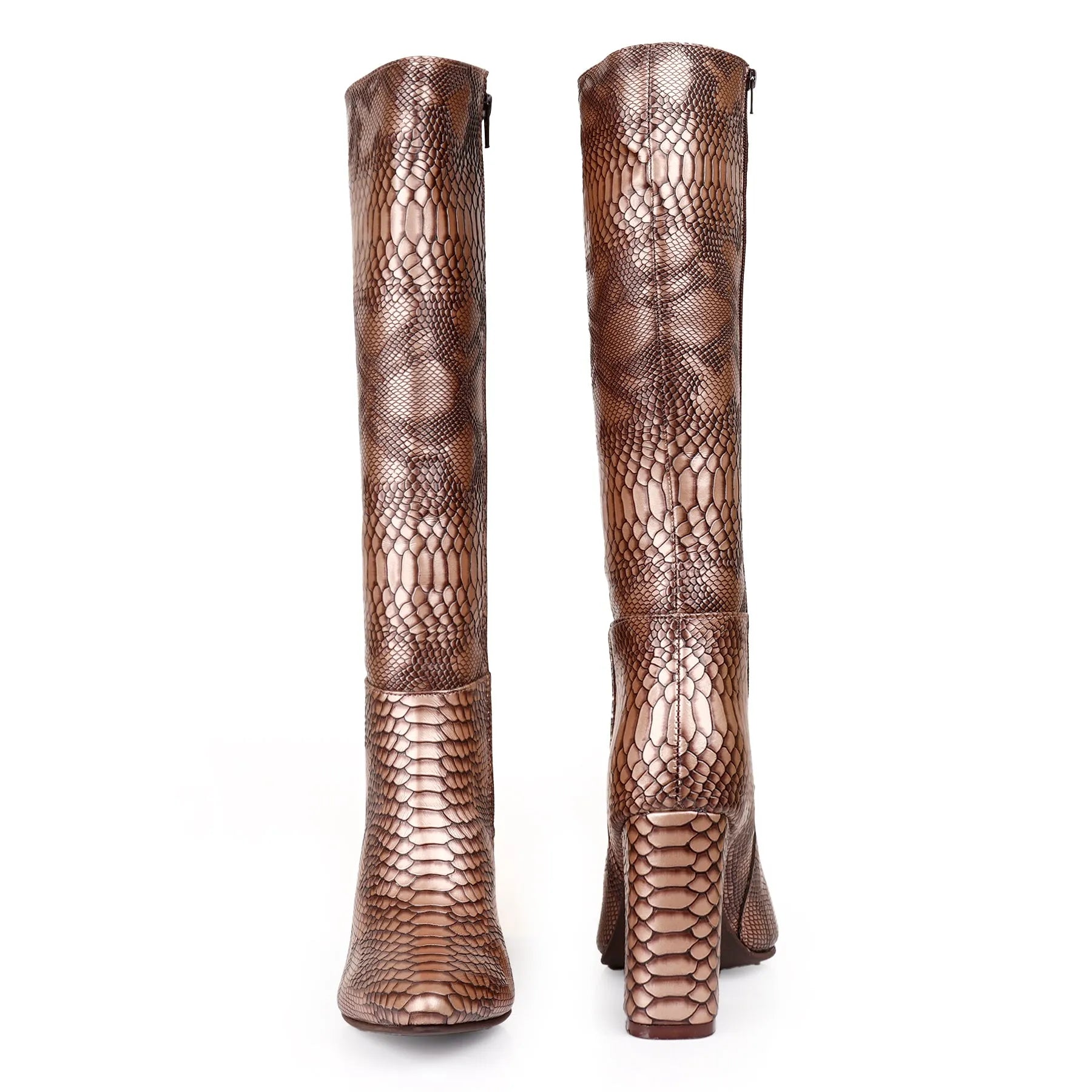 Brown vegan knee-high boots for women with faux snake pattern and refined silhouette
