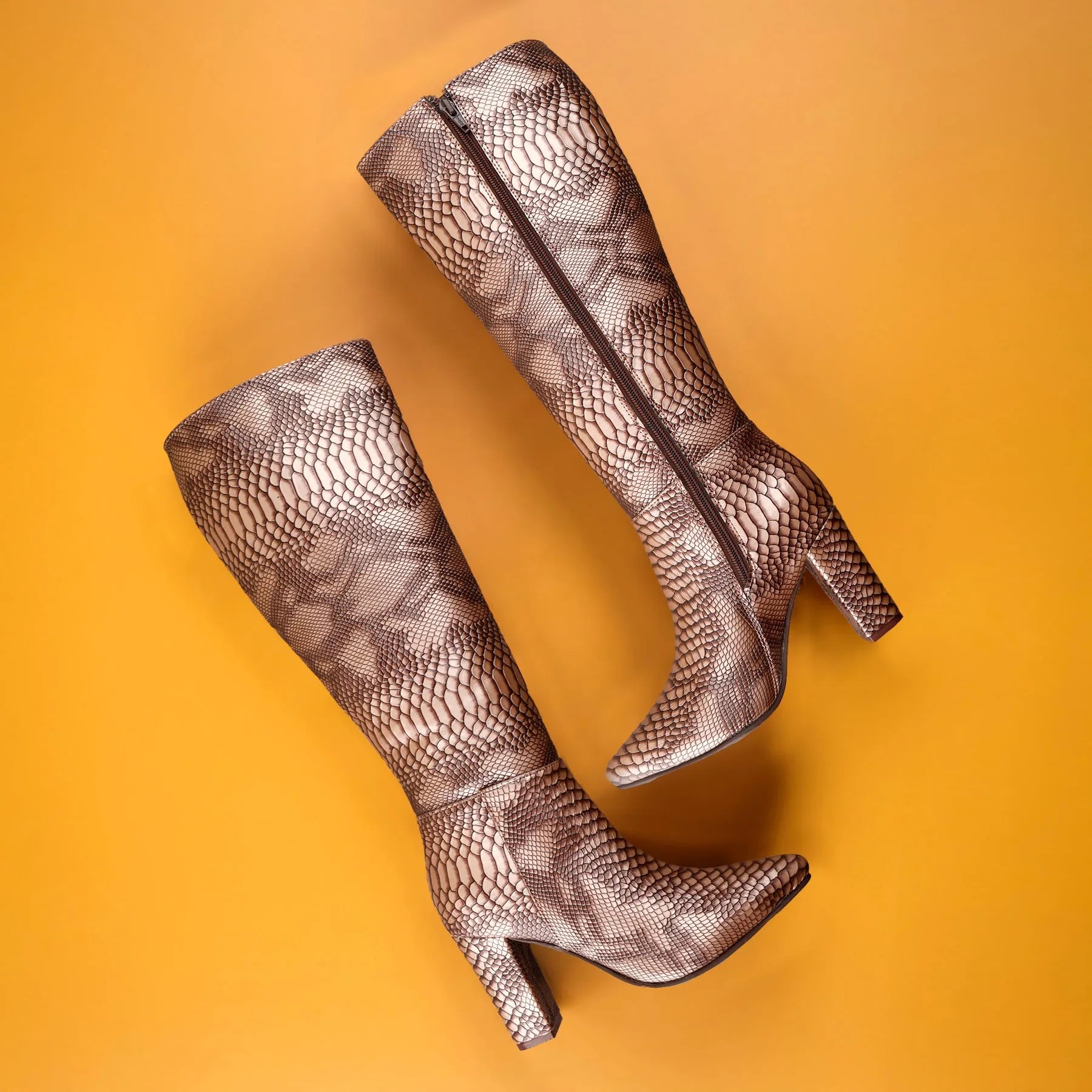 Women’s brown vegan knee-high boots faux snake-effect finish cruelty-free