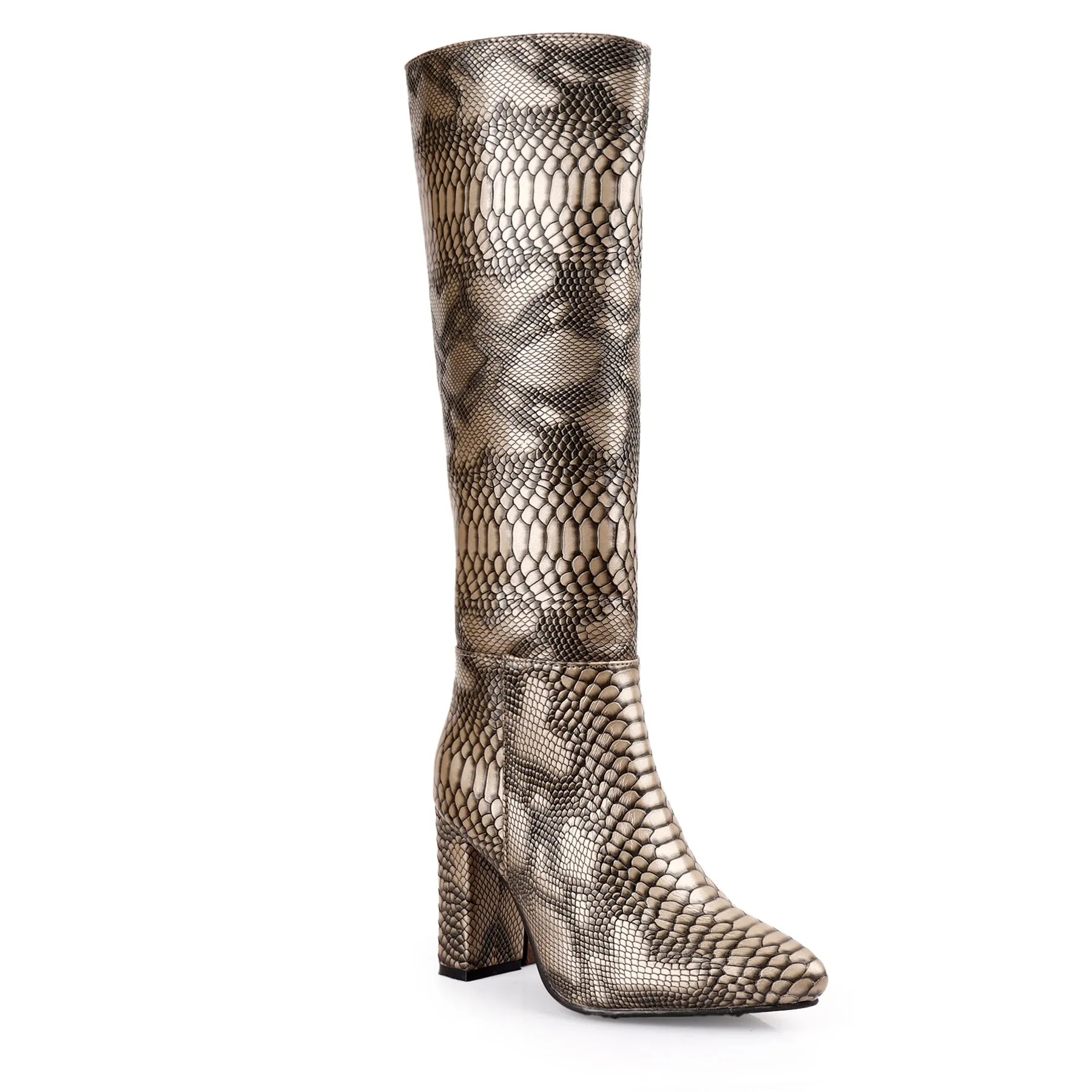 Women’s gray vegan faux-snake knee boots high heel sophisticated vegan luxury