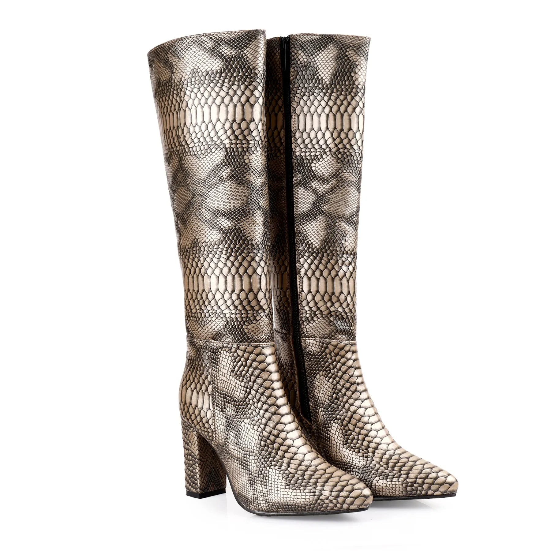 Designer gray knee-high boots women faux-snake texture premium vegan materials