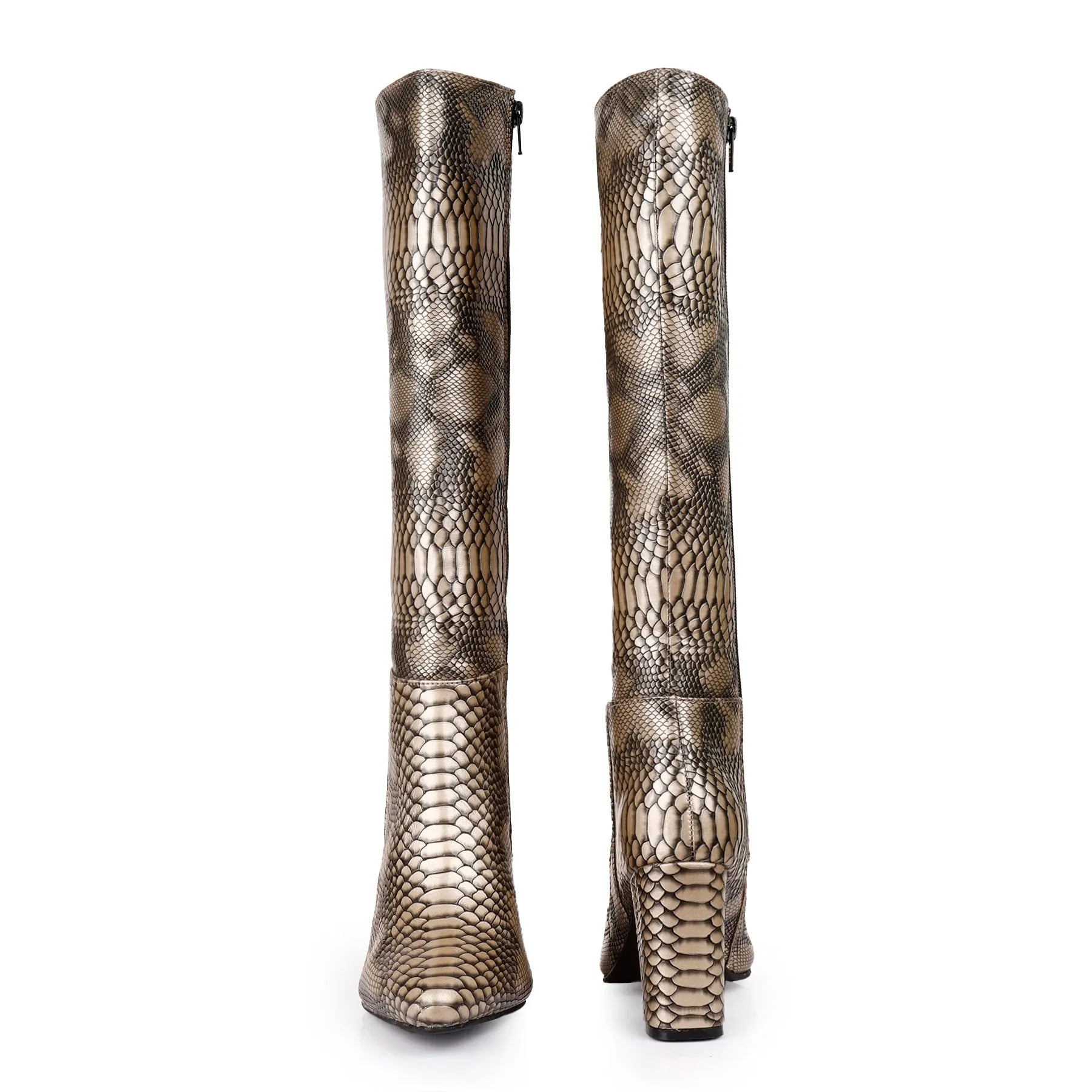 Gray vegan knee-high boots for women with faux snake pattern and sleek silhouette