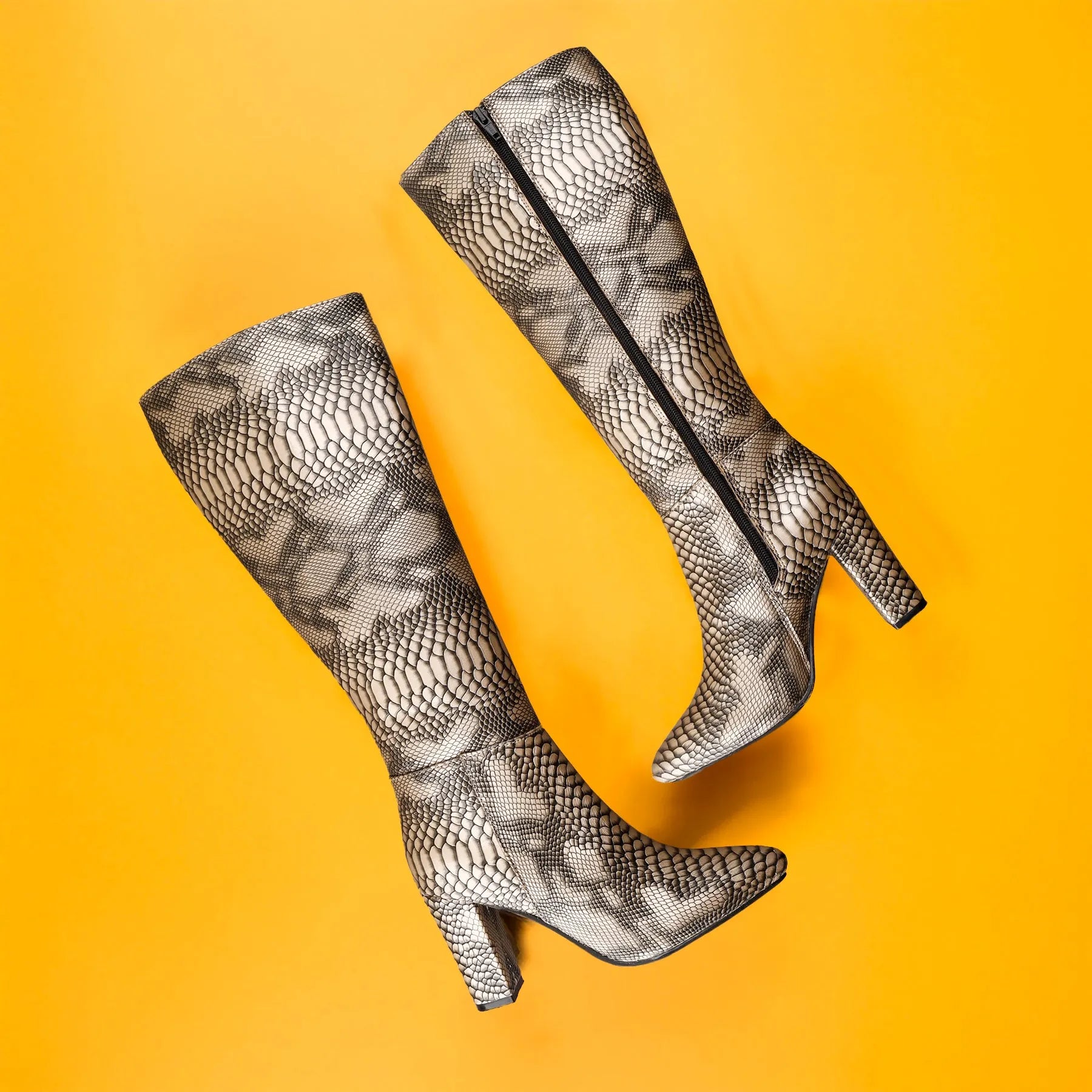Women’s gray vegan knee-high boots faux snake-effect finish cruelty-free