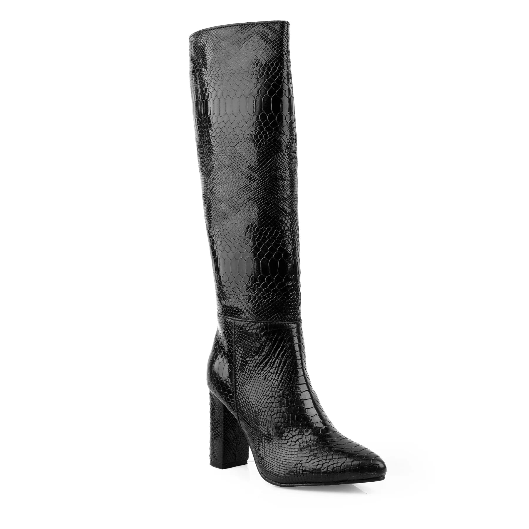 Women’s black vegan faux-snake knee boots high heel gloss finish ethical luxury