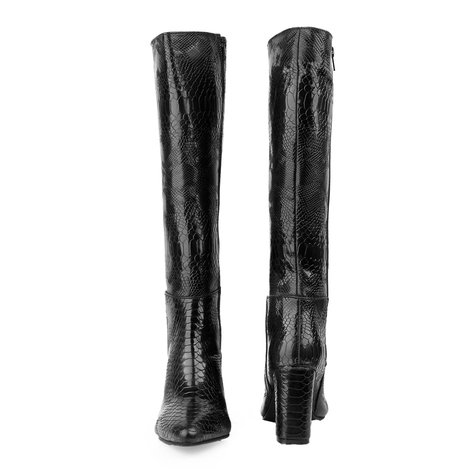 Black vegan knee-high boots for women with faux snake pattern and sleek silhouette