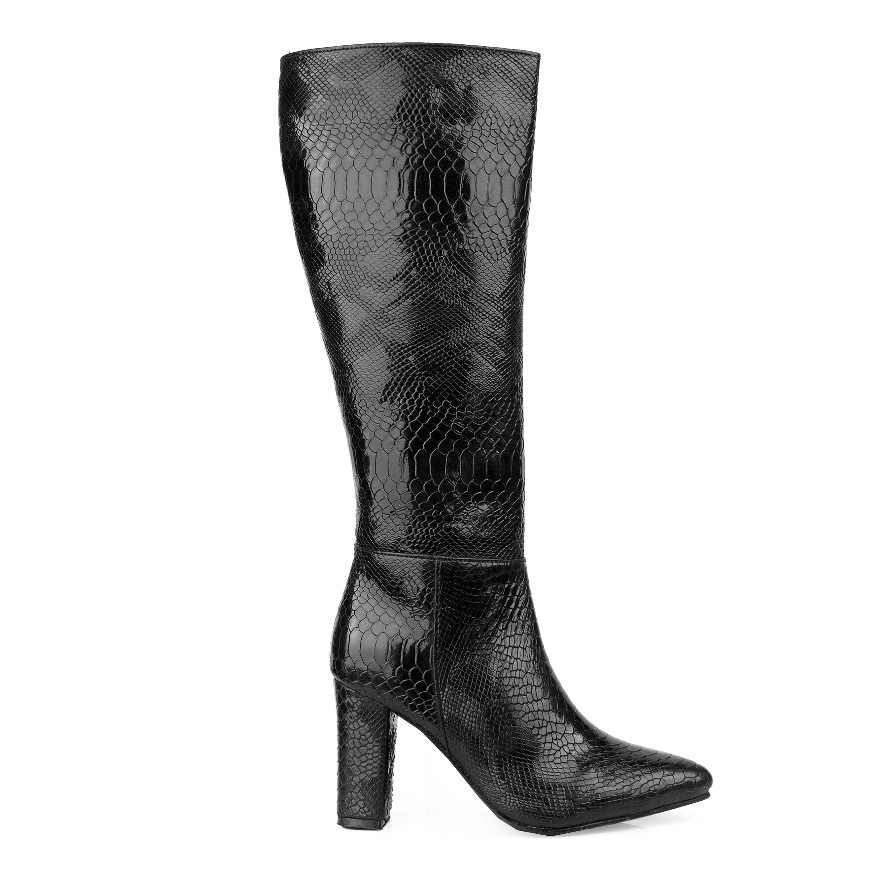 Premium black vegan knee-high boots women faux snake-print luxury vegan design