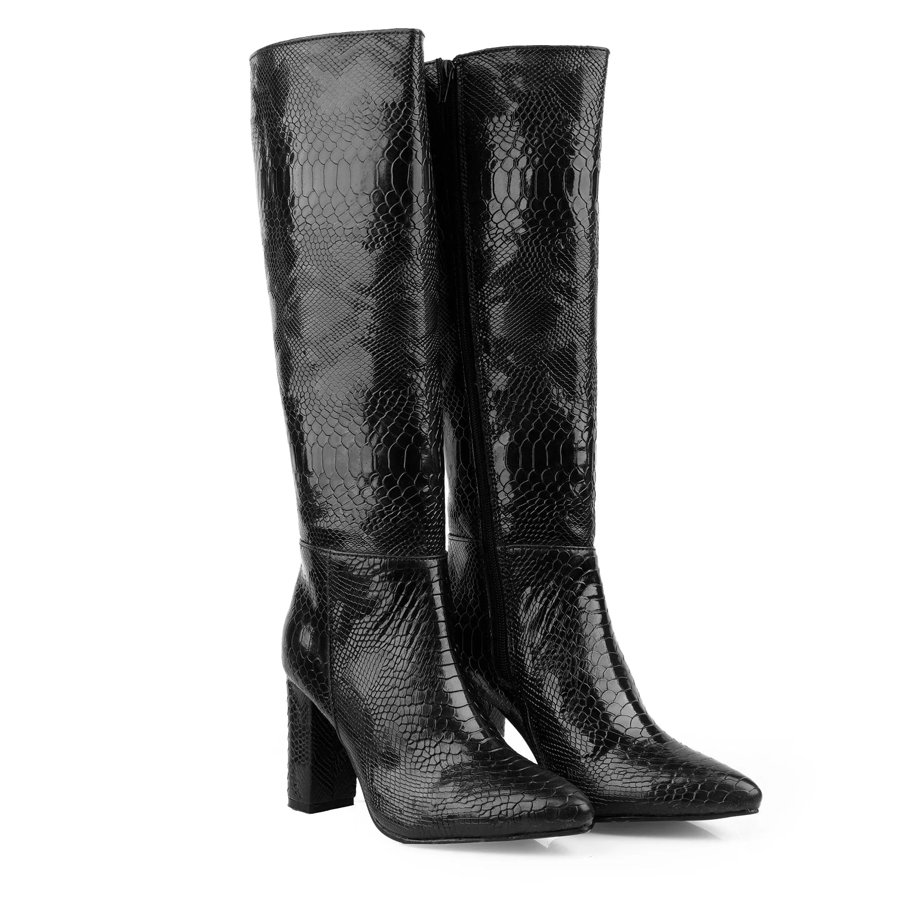 Elegant black faux-snake knee boots women luxury vegan footwear knee-high