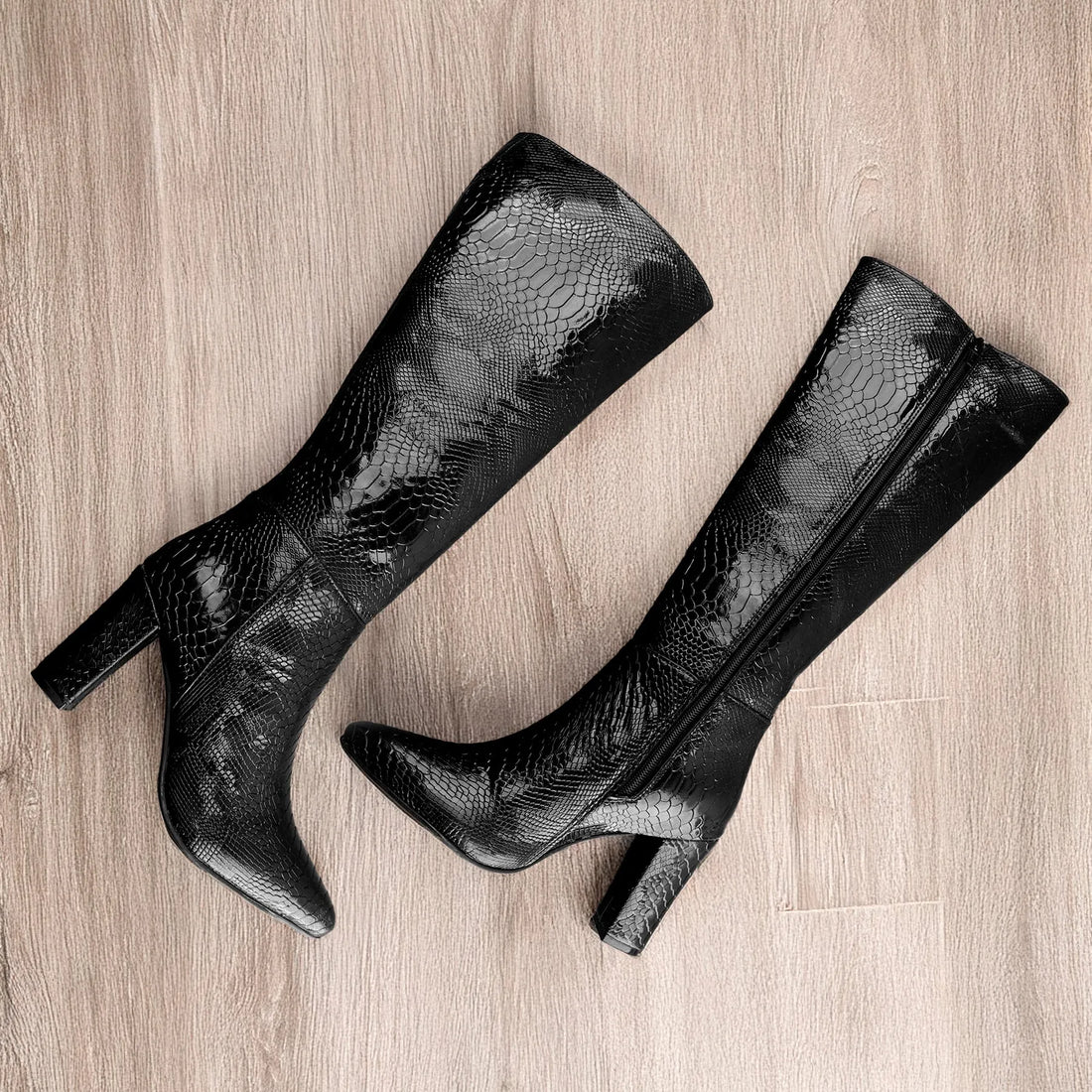 Luxury black faux-snake knee-high boots women high heel – Marco Bellorri