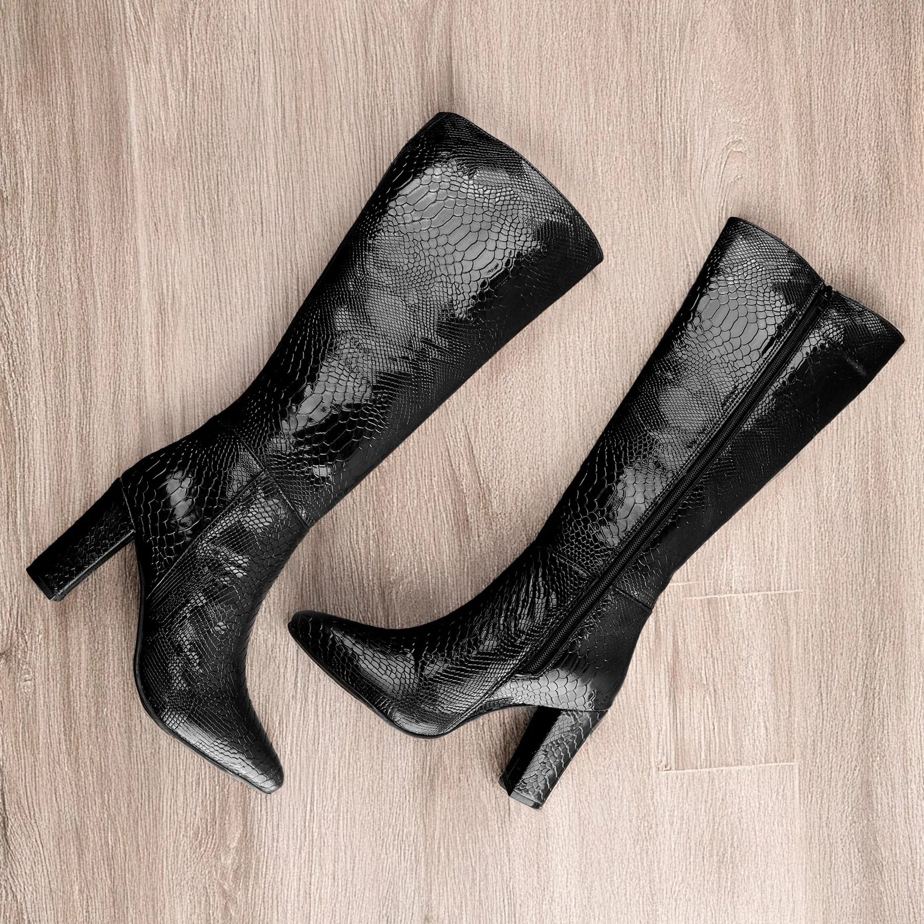 Women’s black vegan knee-high boots faux snake-effect gloss finish cruelty-free