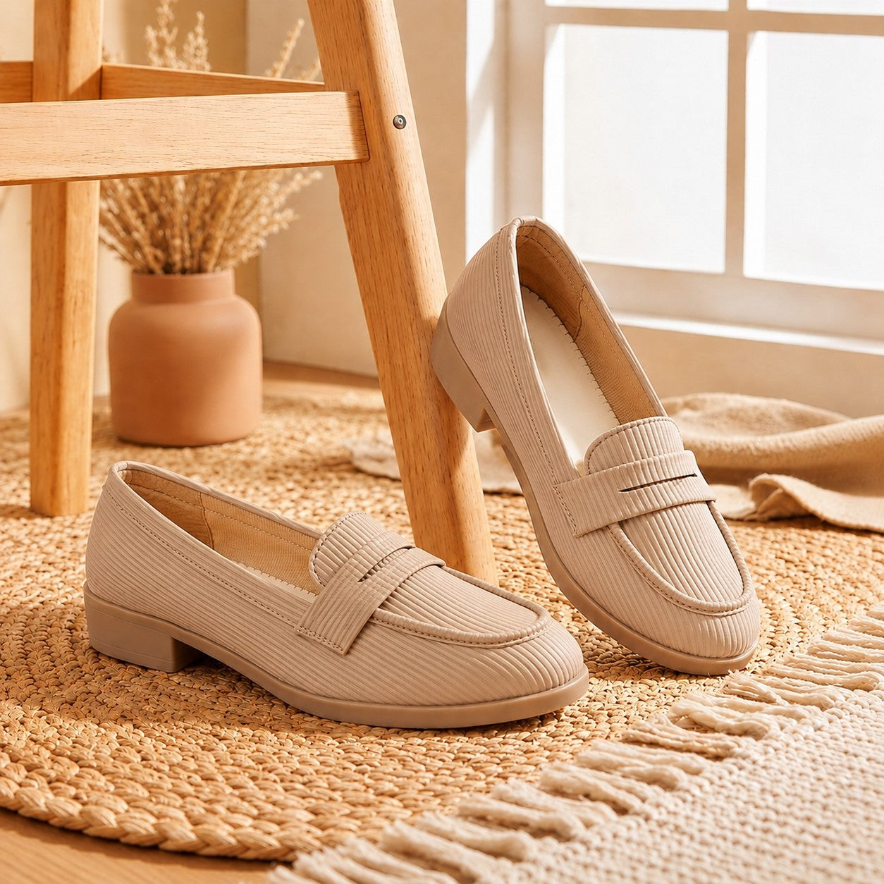 Marco Bellorri Womens Premium Ivory Textured Penny Loafers with All Day Comfort