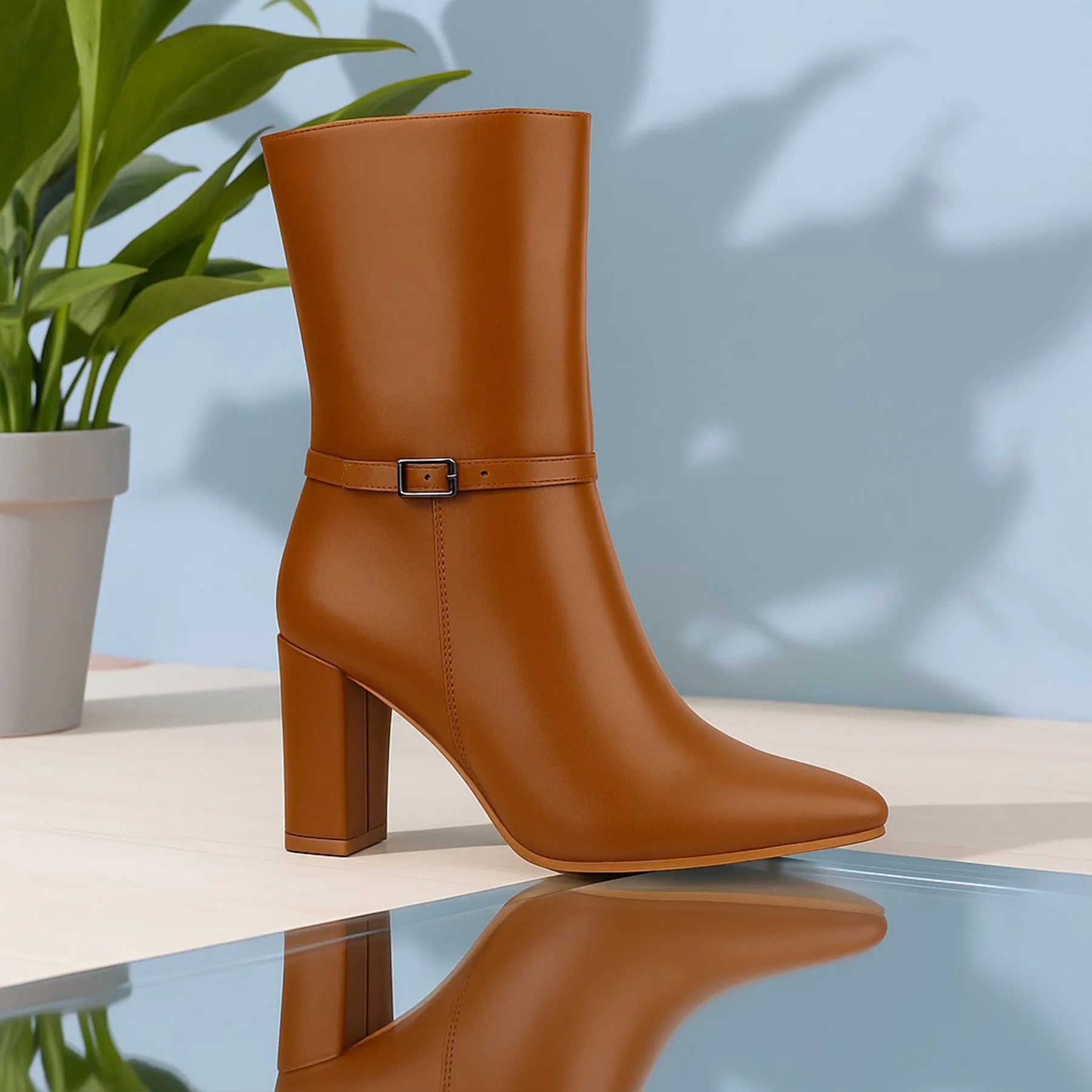 Women’s tan vegan ankle-length boots premium comfort cruelty-free leather finish