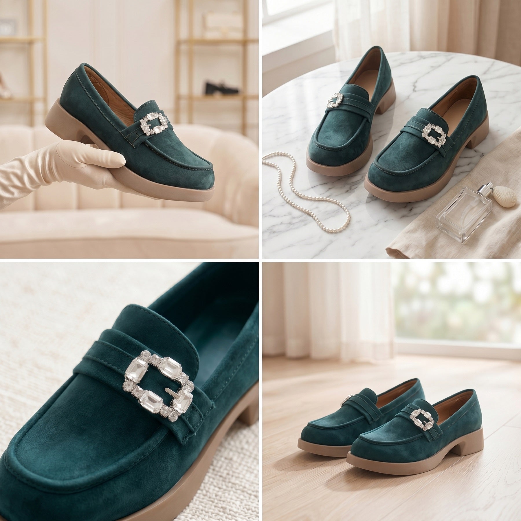 Marco Bellorri Womens Crystal Buckle Loafers with Cushioned Comfort