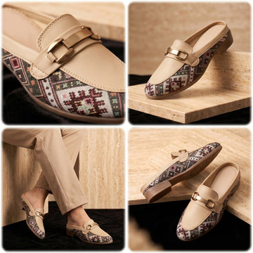 Marco Bellorri Womens Casual Luxury Backless Loafers with Woven Textile Detailing