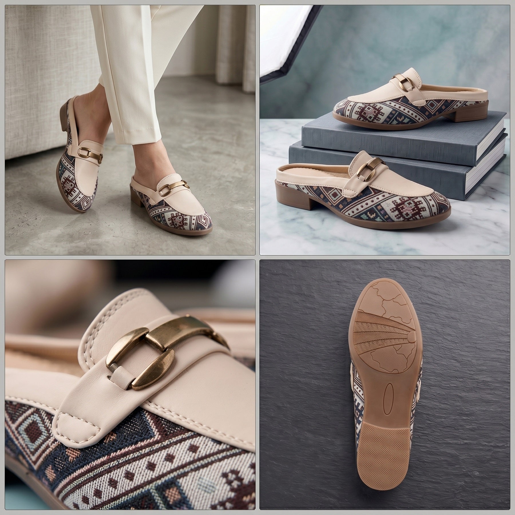 Marco Bellorri Womens Casual Luxury Backless Loafers with Woven Textile Detailing