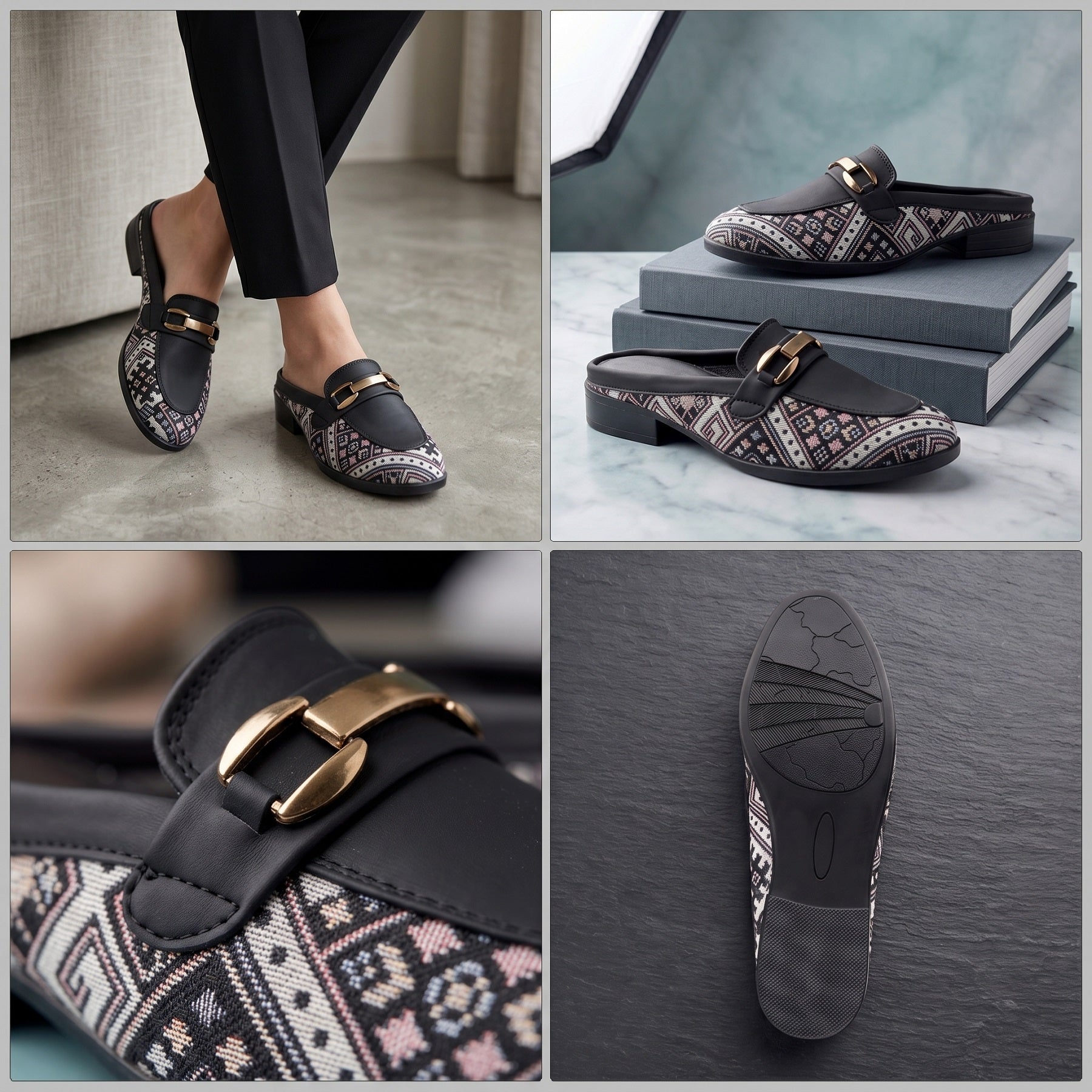 Marco Bellorri Womens Casual Luxury Backless Loafers with Woven Textile Detailing