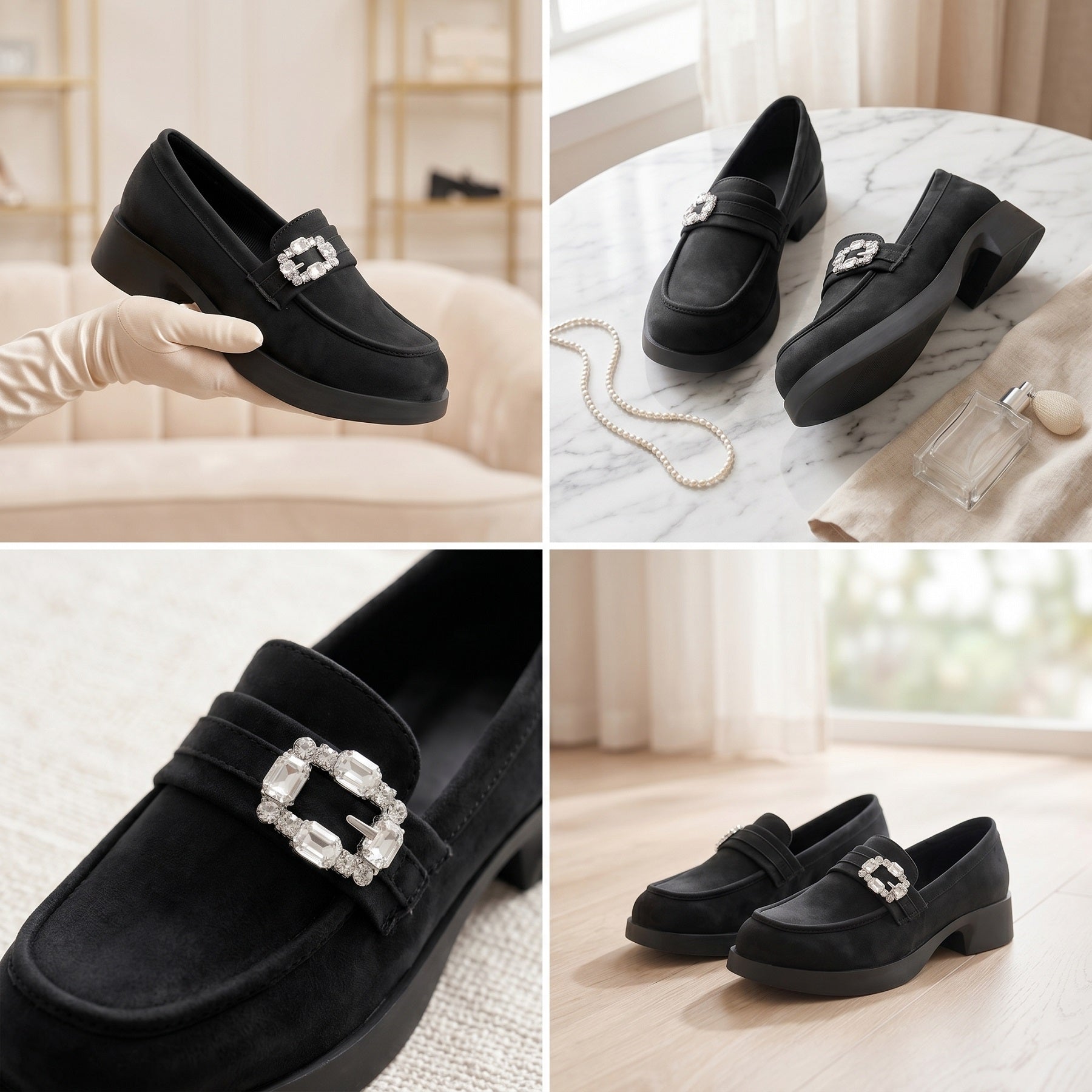 Marco Bellorri Womens Crystal Buckle Loafers with Cushioned Comfort