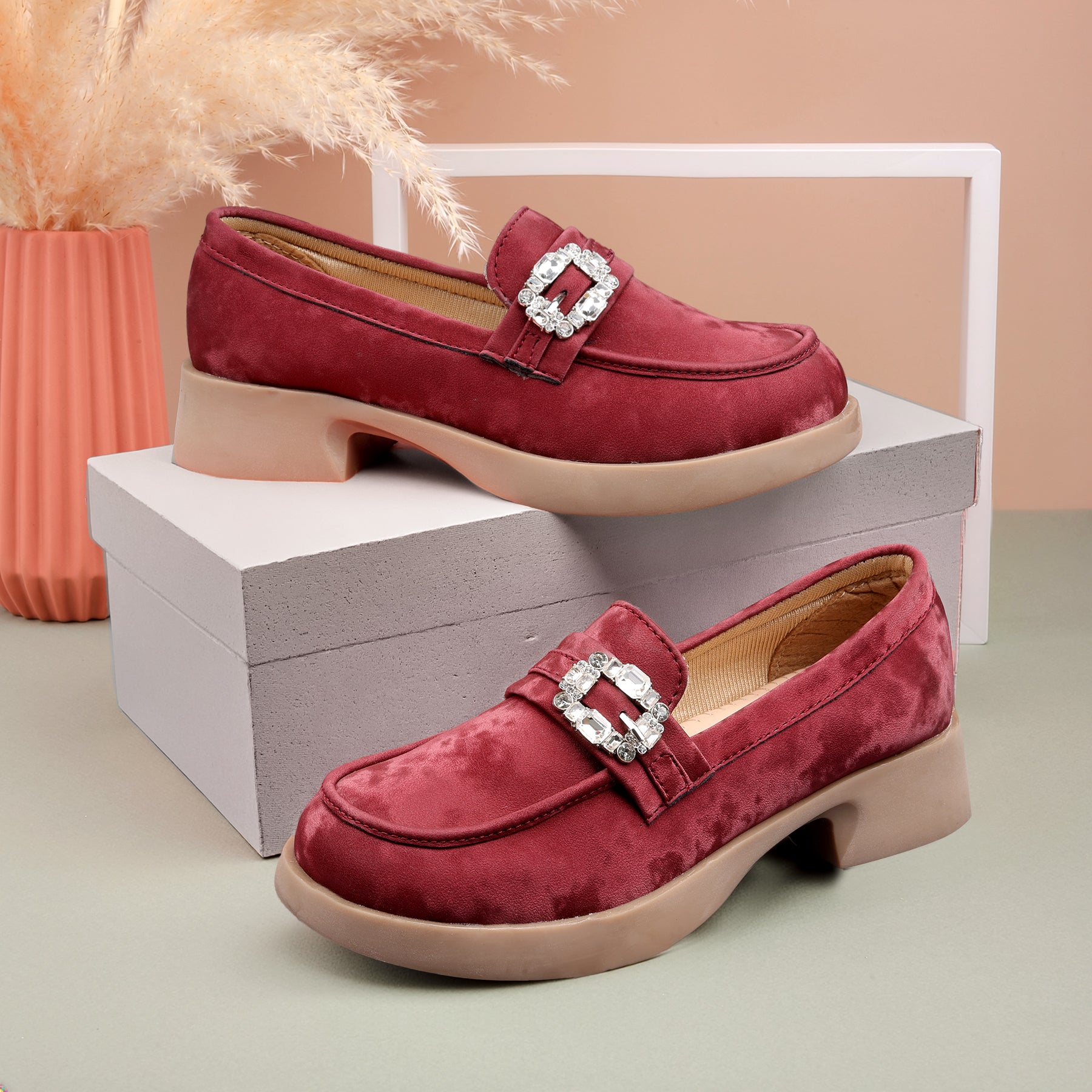 Marco Bellorri Womens Crystal Buckle Loafers with Cushioned Comfort