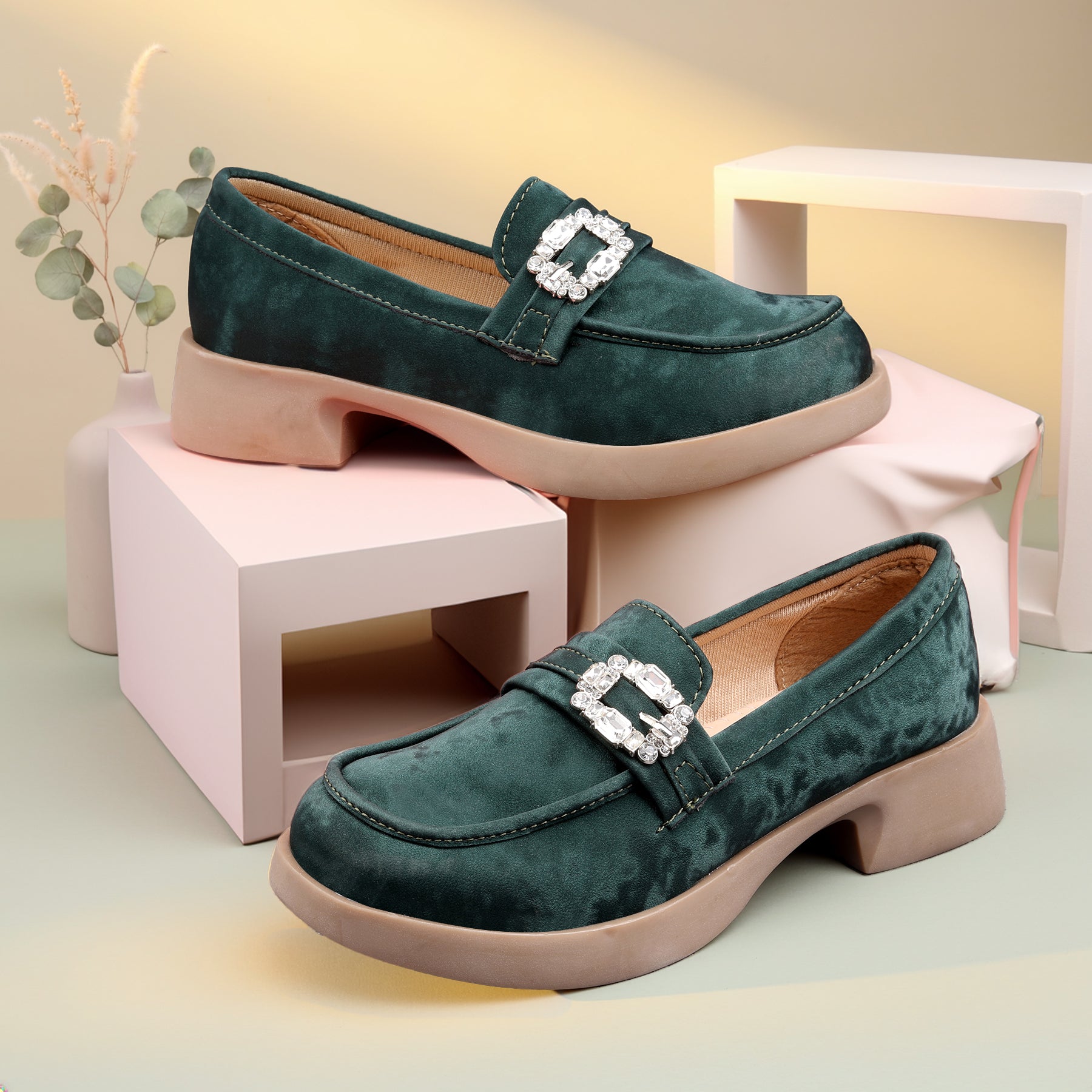 Marco Bellorri Womens Crystal Buckle Loafers with Cushioned Comfort