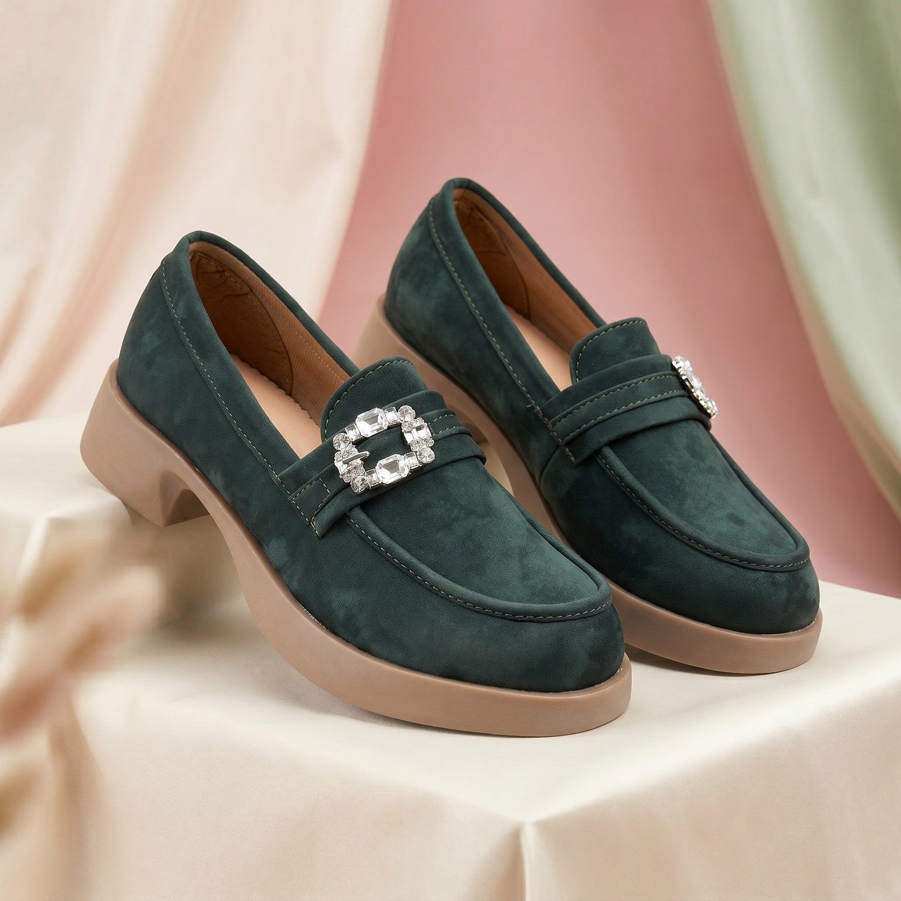 Marco Bellorri Womens Crystal Buckle Loafers with Cushioned Comfort