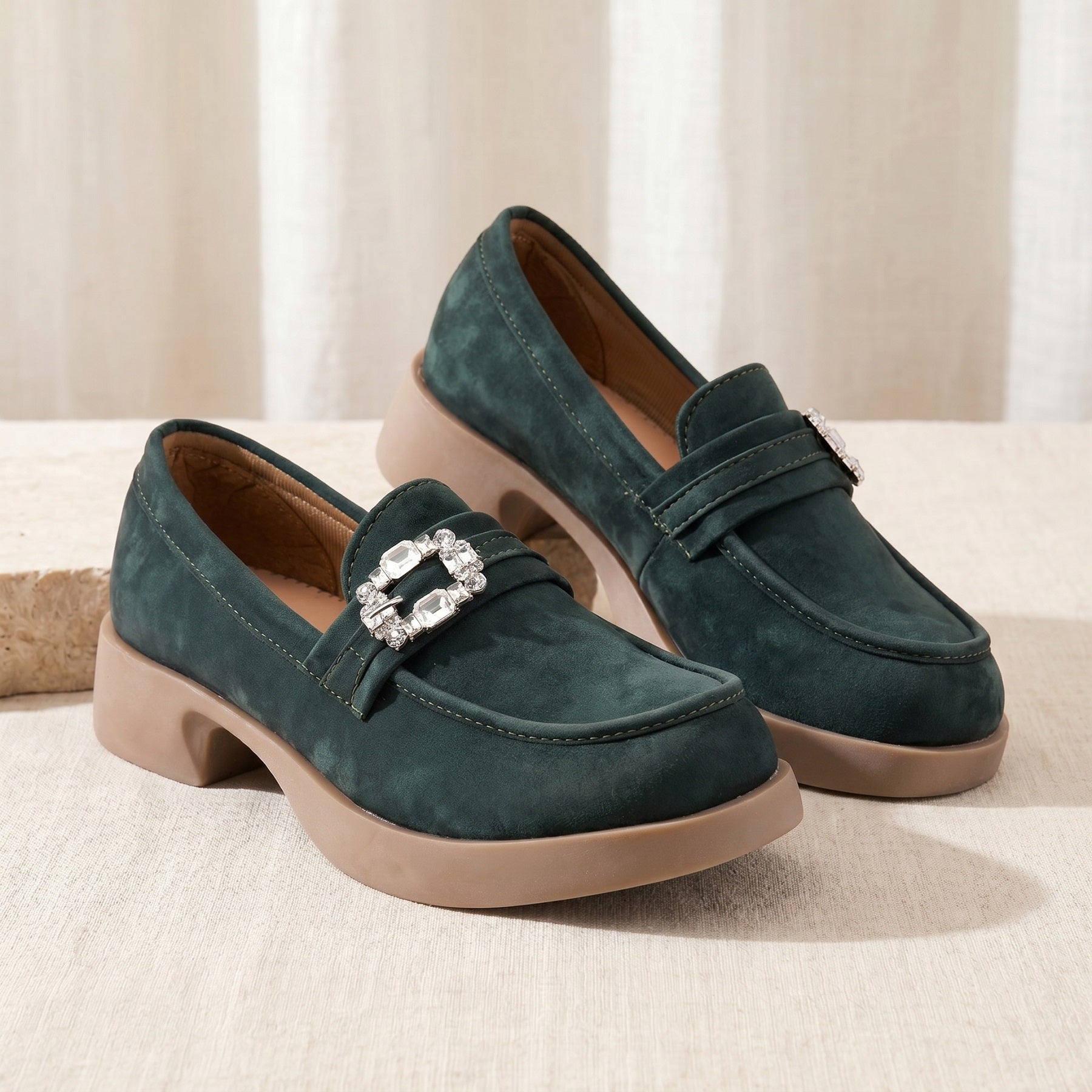Marco Bellorri Womens Crystal Buckle Loafers with Cushioned Comfort