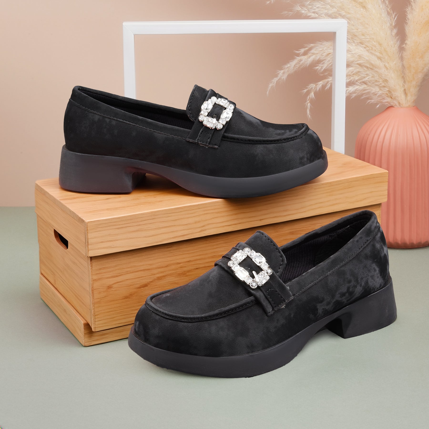 Marco Bellorri Womens Crystal Buckle Loafers with Cushioned Comfort