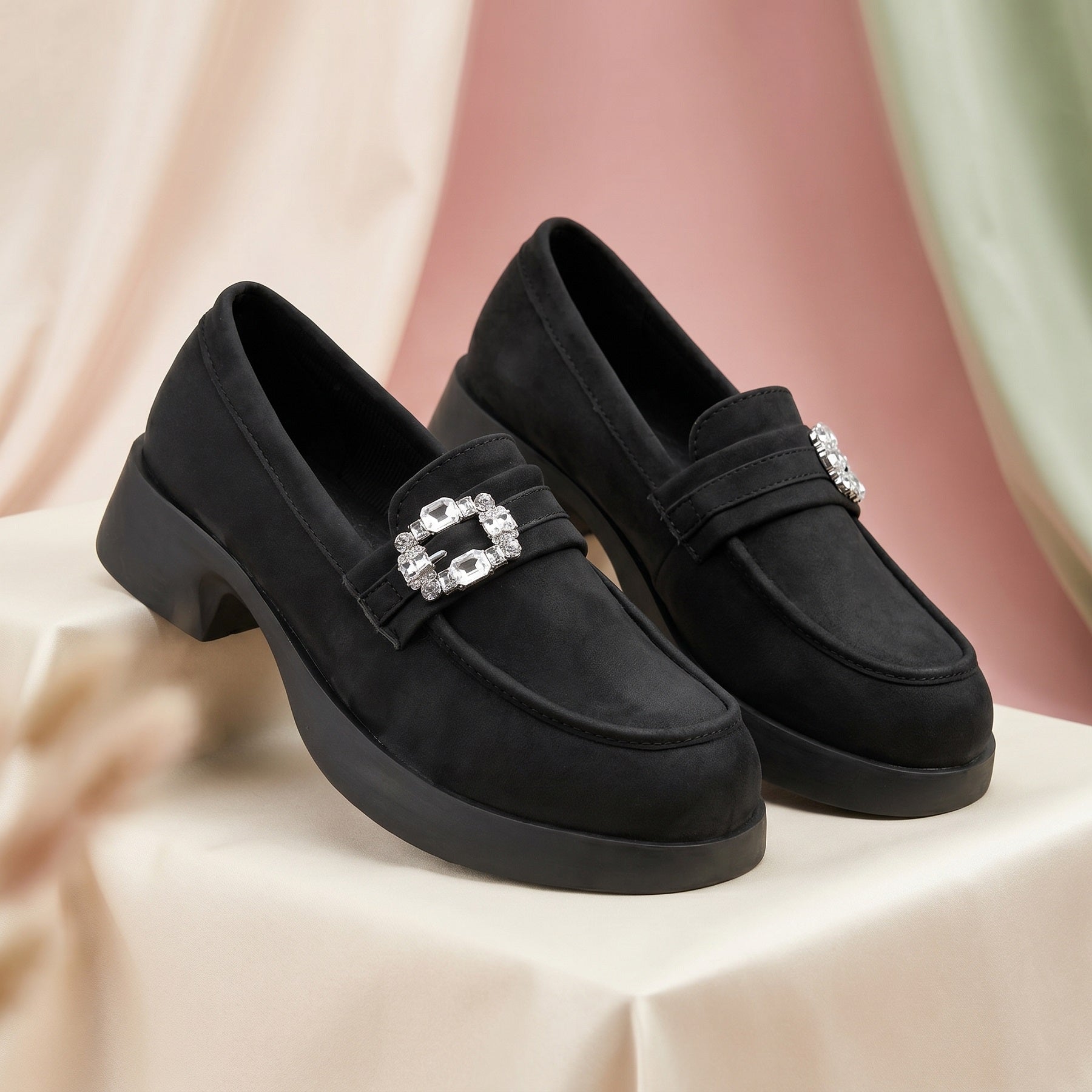 Marco Bellorri Womens Crystal Buckle Loafers with Cushioned Comfort