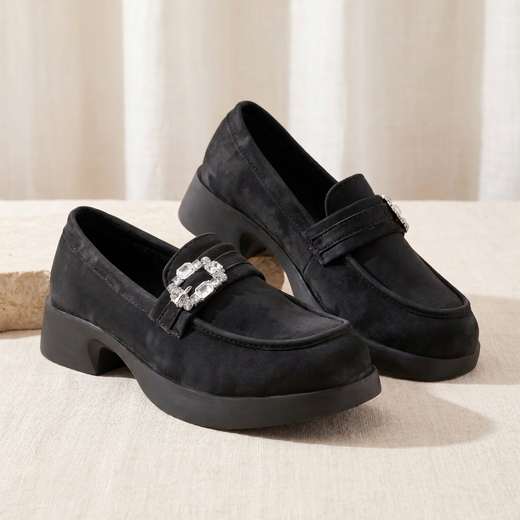 Marco Bellorri Womens Crystal Buckle Loafers with Cushioned Comfort