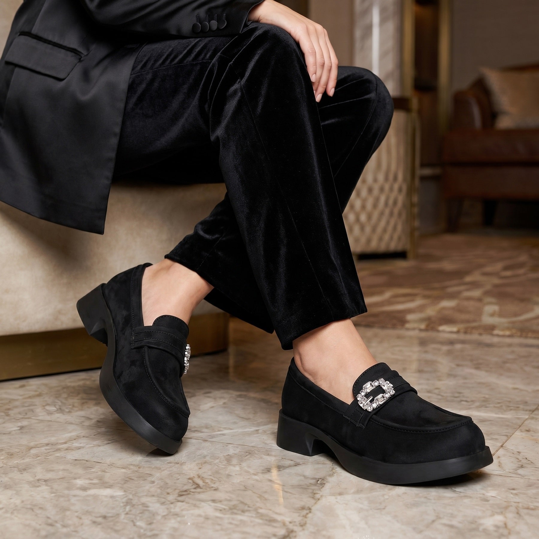 Marco Bellorri Womens Crystal Buckle Loafers with Cushioned Comfort