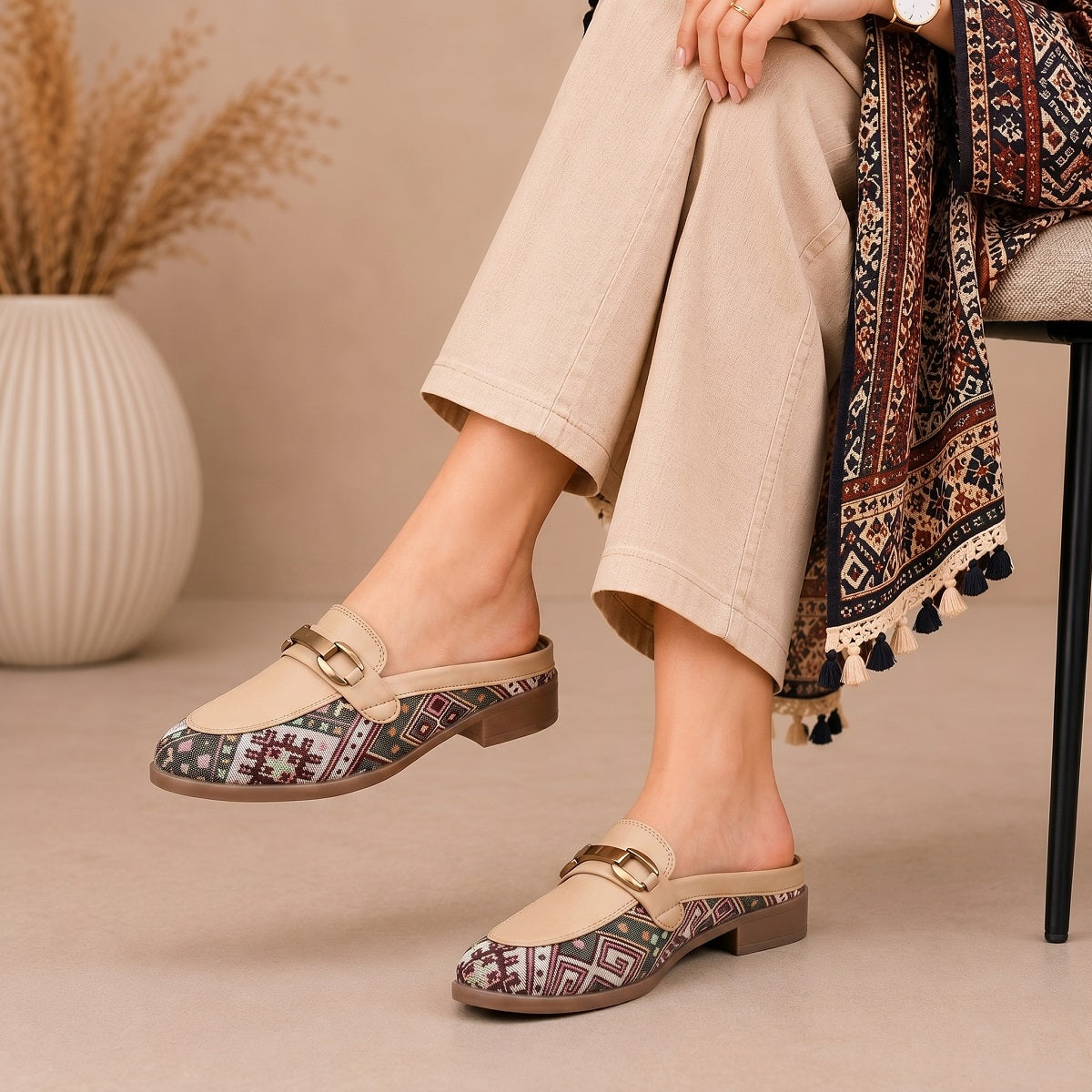 Marco Bellorri Womens Casual Luxury Backless Loafers with Woven Textile Detailing