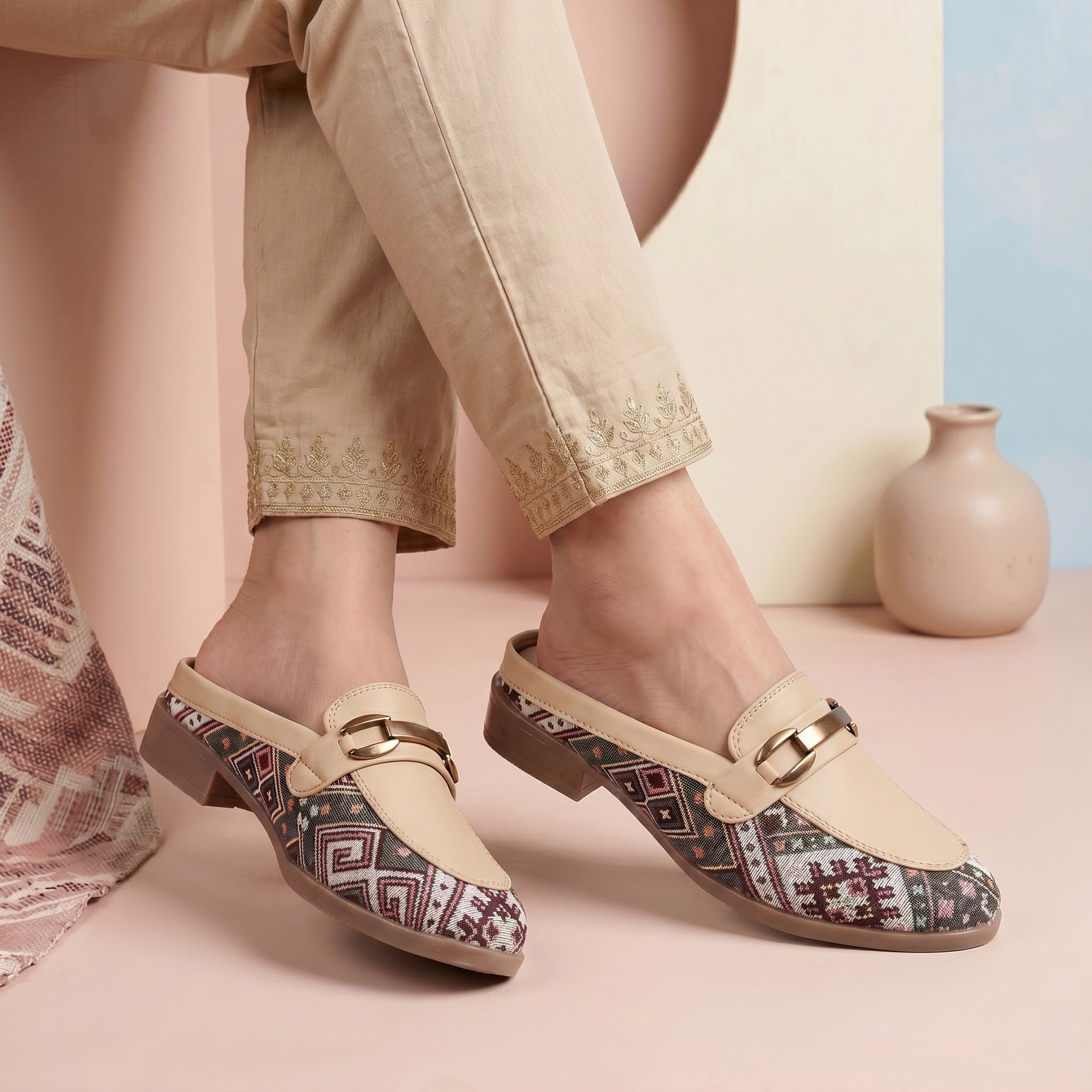 Marco Bellorri Womens Casual Luxury Backless Loafers with Woven Textile Detailing