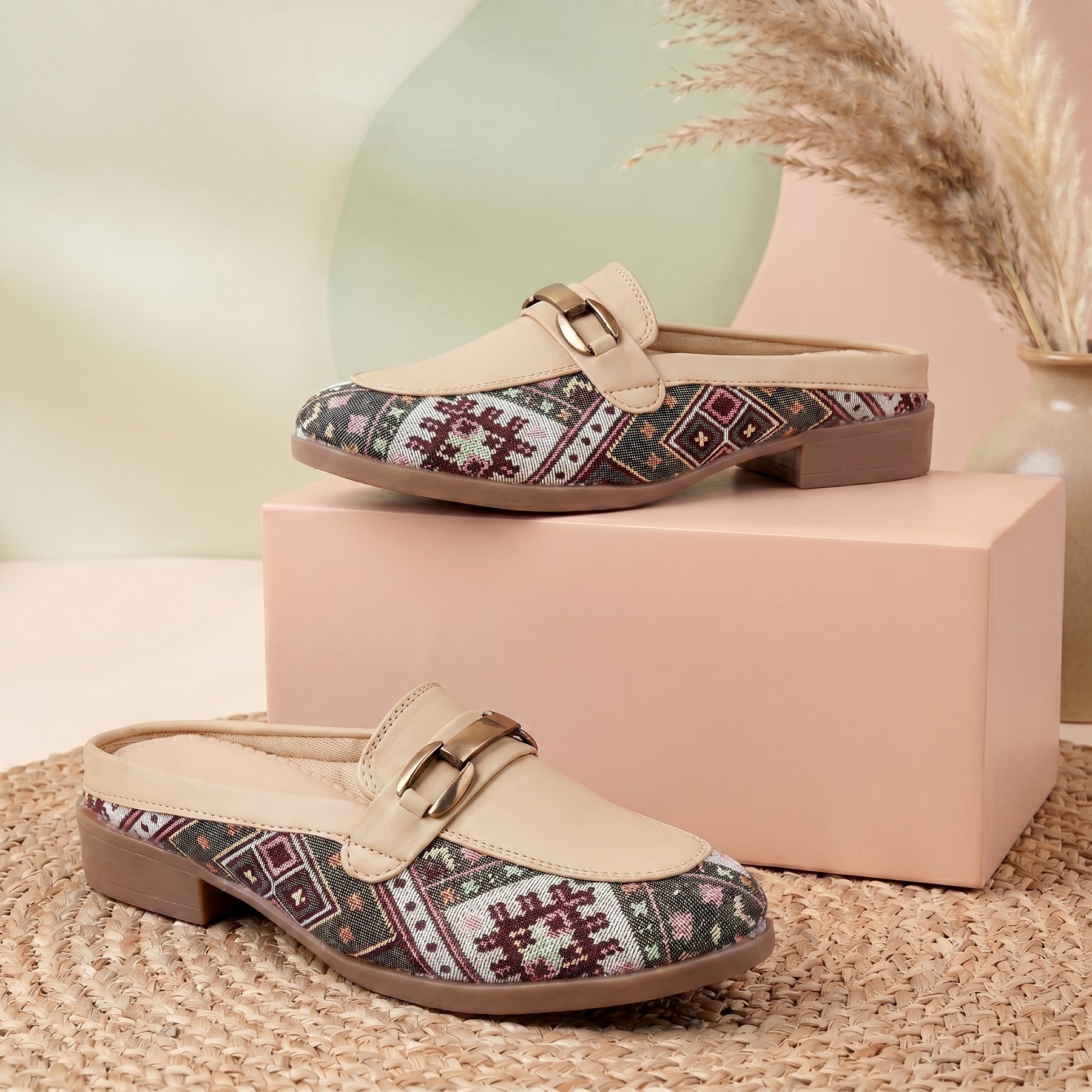 Marco Bellorri Womens Casual Luxury Backless Loafers with Woven Textile Detailing