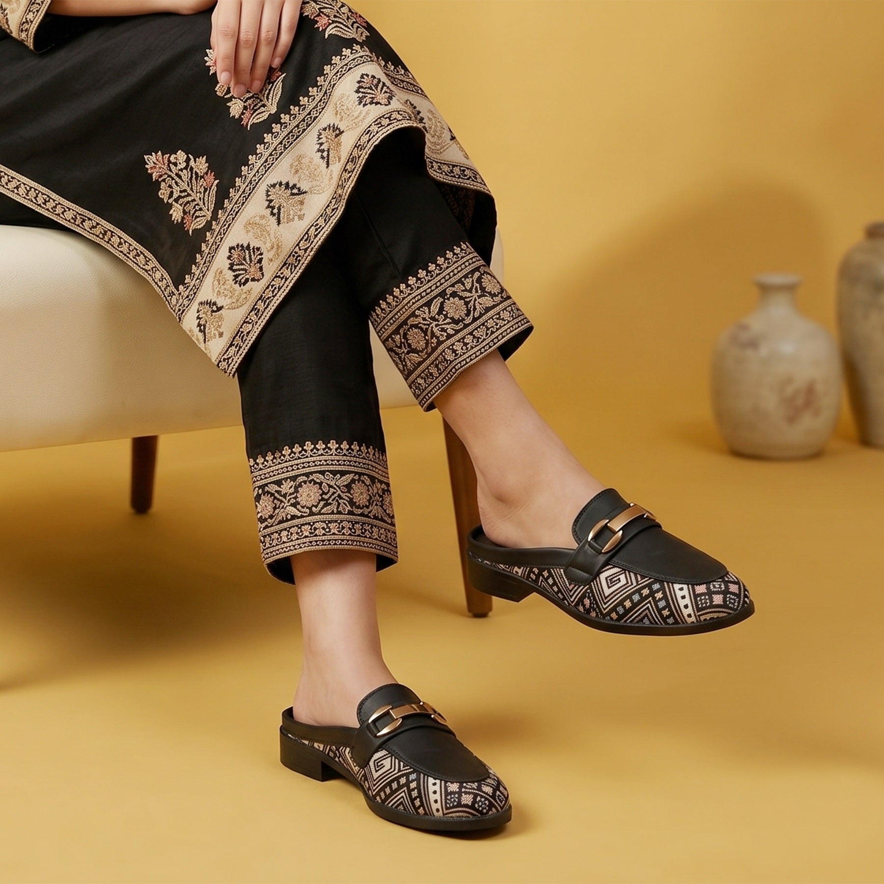 Marco Bellorri Womens Casual Luxury Backless Loafers with Woven Textile Detailing