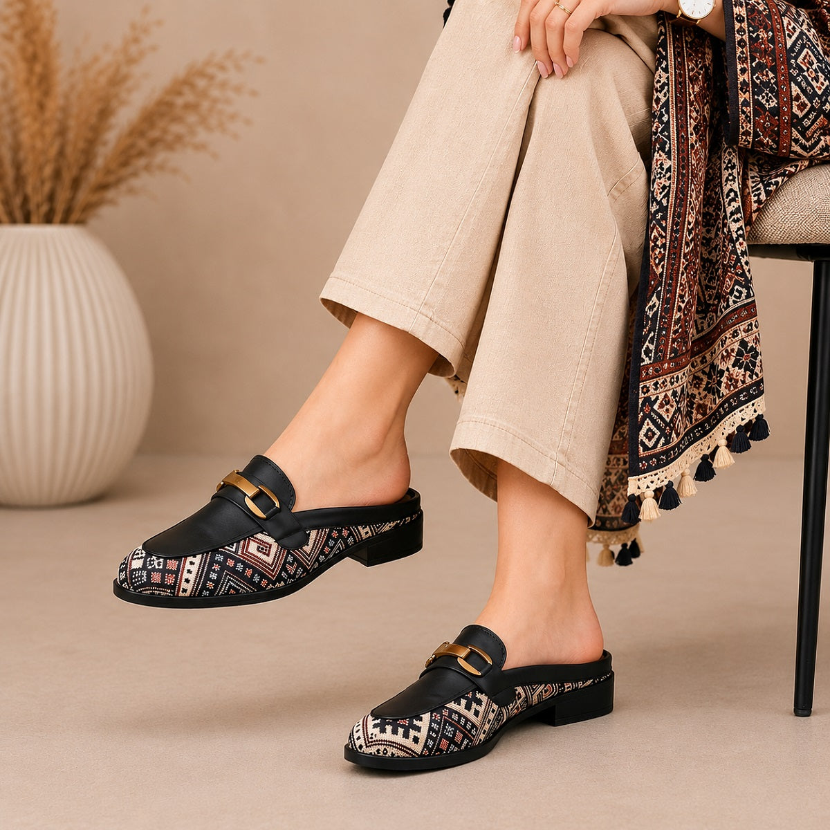 Marco Bellorri Womens Casual Luxury Backless Loafers with Woven Textile Detailing