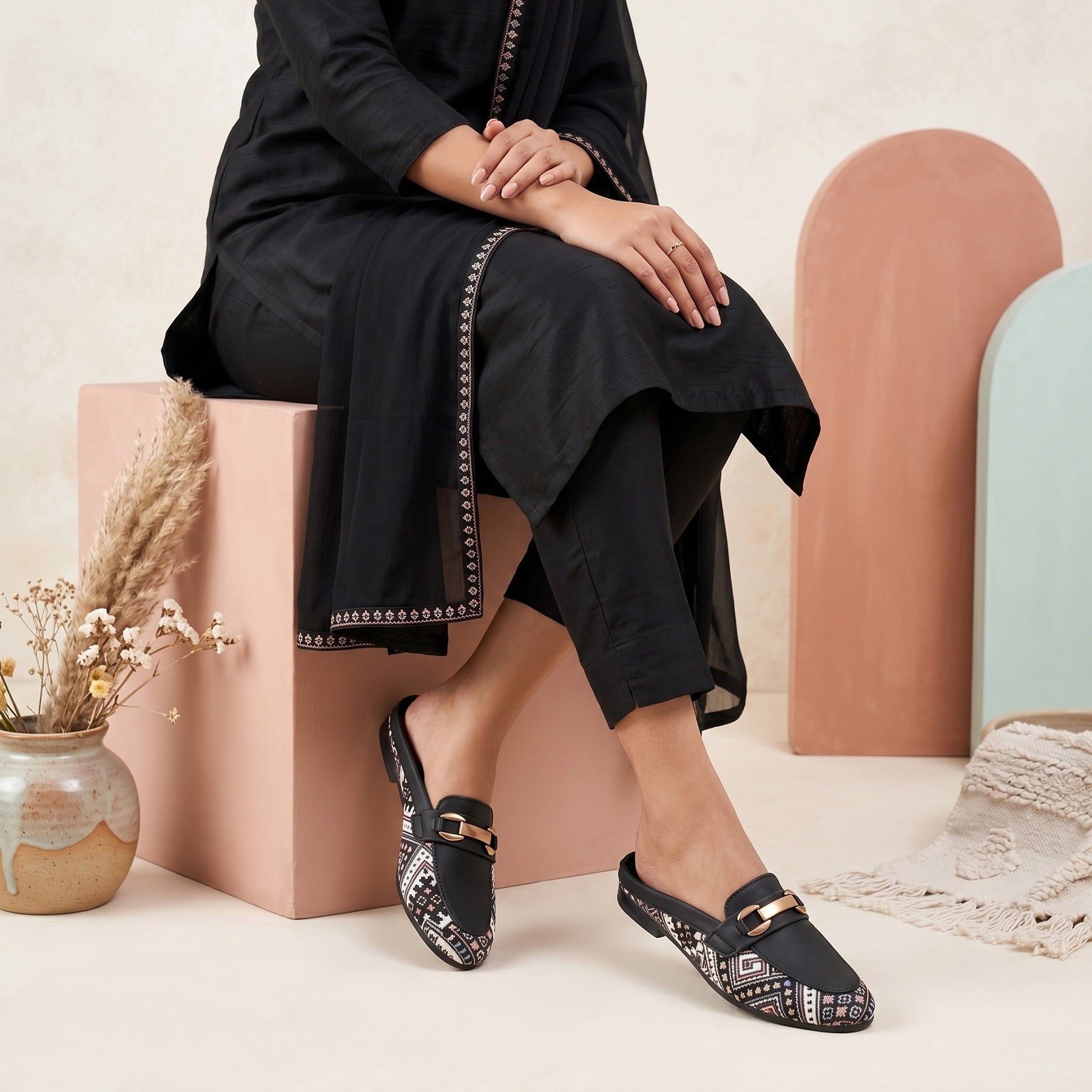 Marco Bellorri Womens Casual Luxury Backless Loafers with Woven Textile Detailing