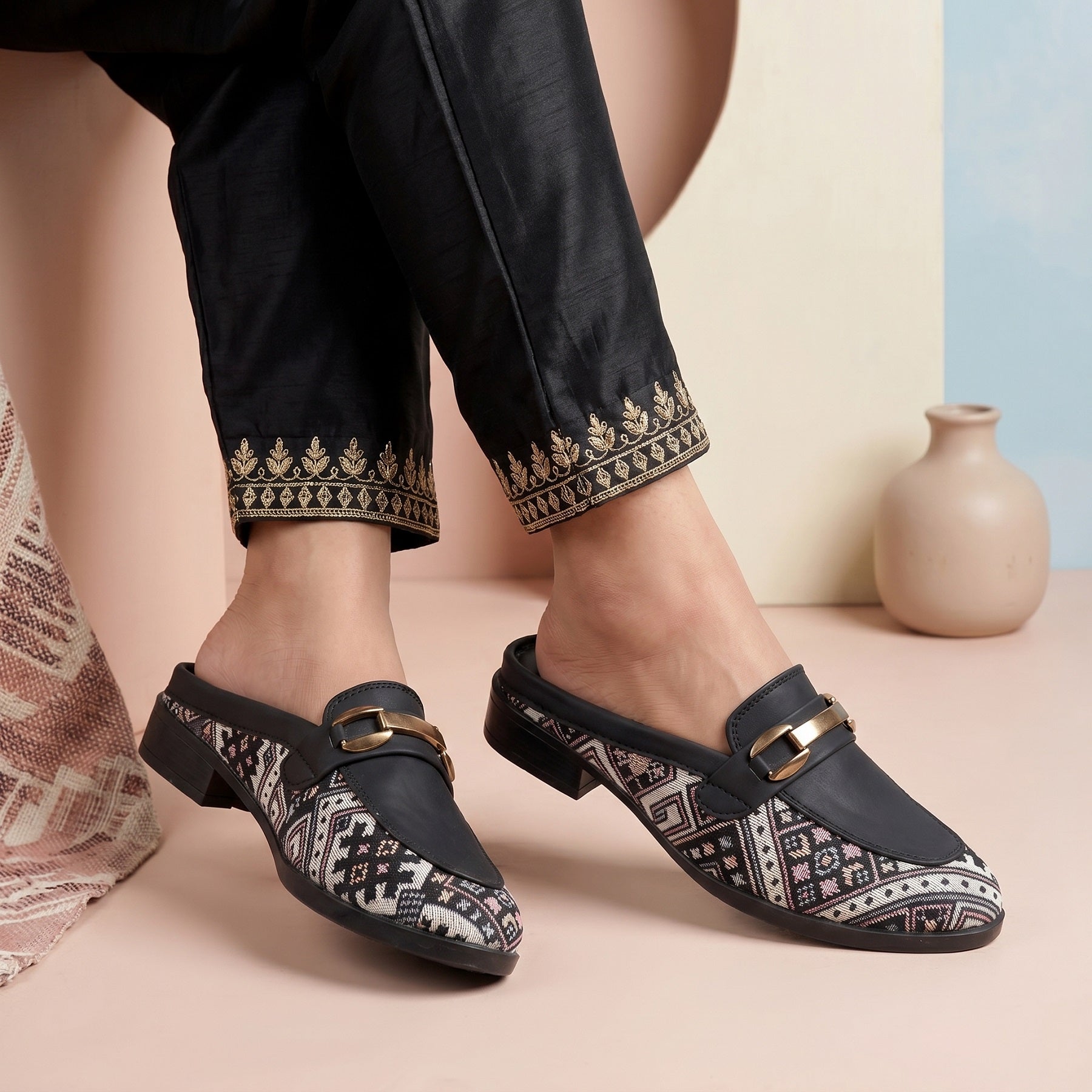 Marco Bellorri Womens Casual Luxury Backless Loafers with Woven Textile Detailing