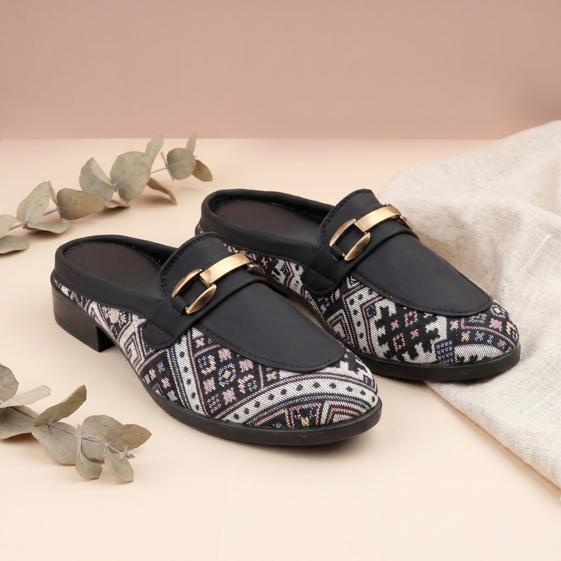 Marco Bellorri Womens Casual Luxury Backless Loafers with Woven Textile Detailing