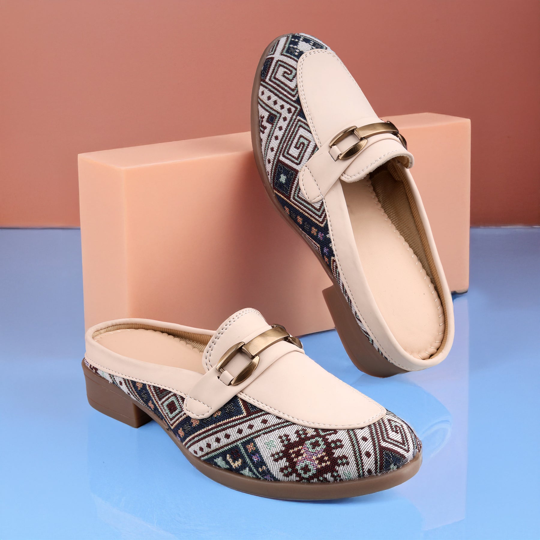 Marco Bellorri Womens Casual Luxury Backless Loafers with Woven Textile Detailing