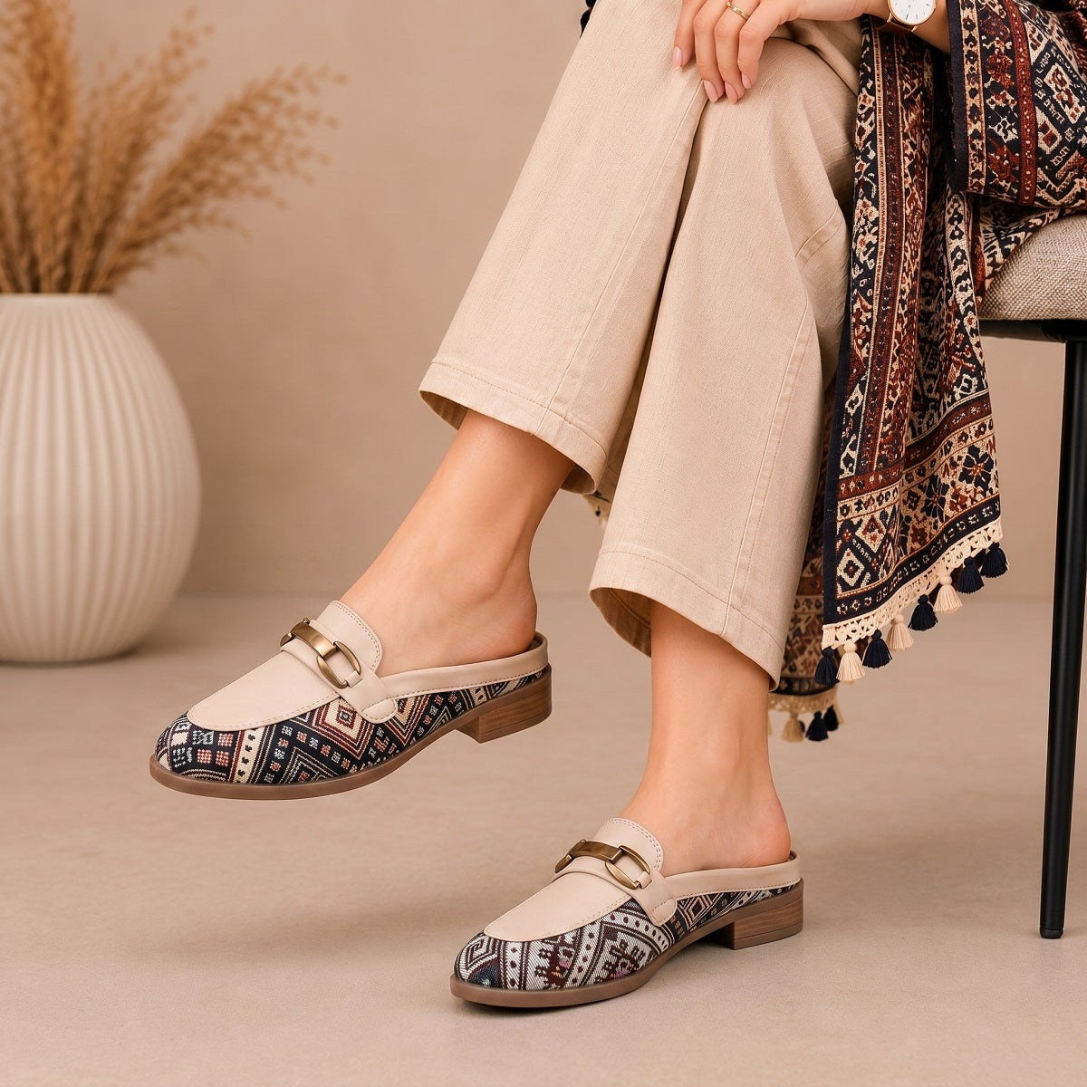 Marco Bellorri Womens Casual Luxury Backless Loafers with Woven Textile Detailing