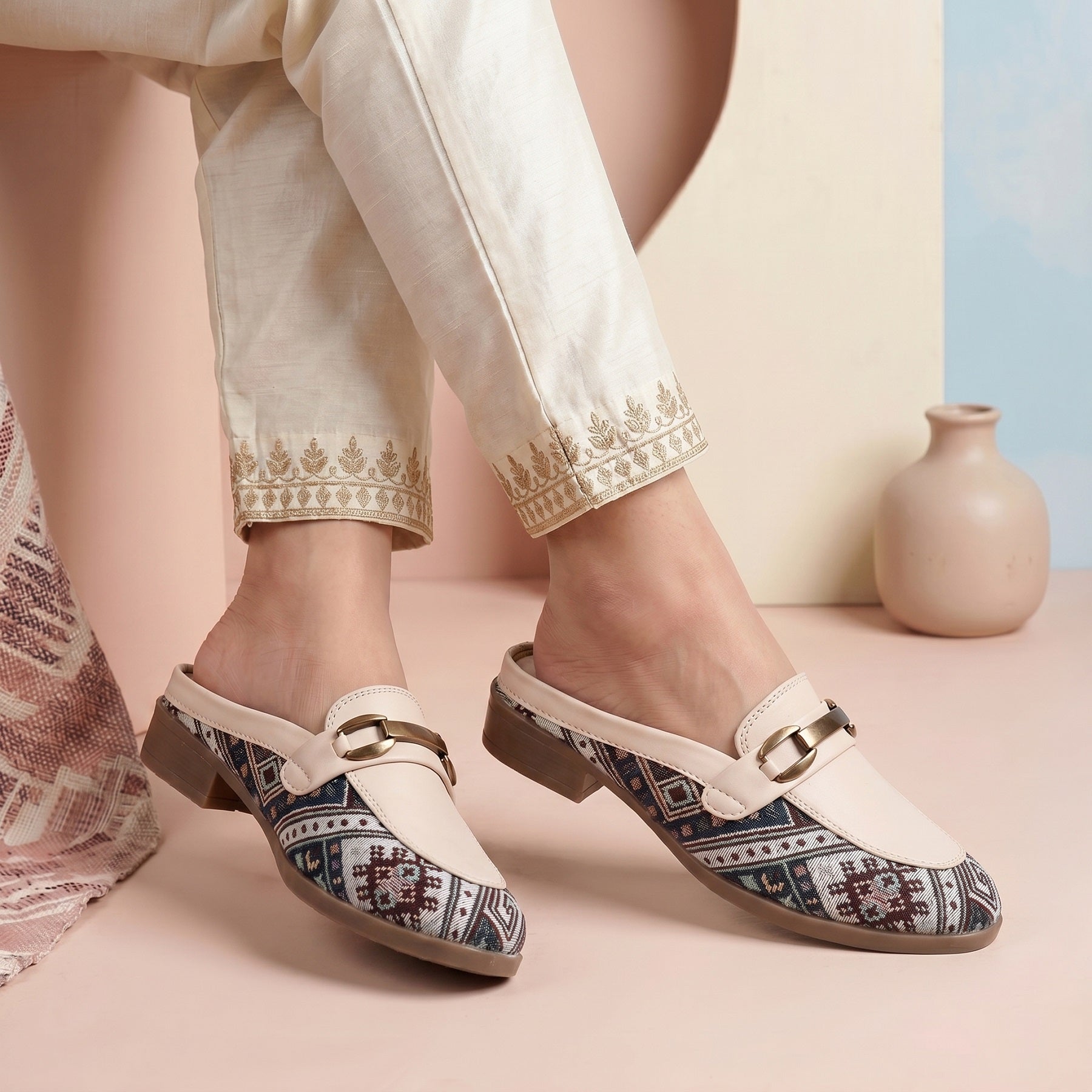 Marco Bellorri Womens Casual Luxury Backless Loafers with Woven Textile Detailing