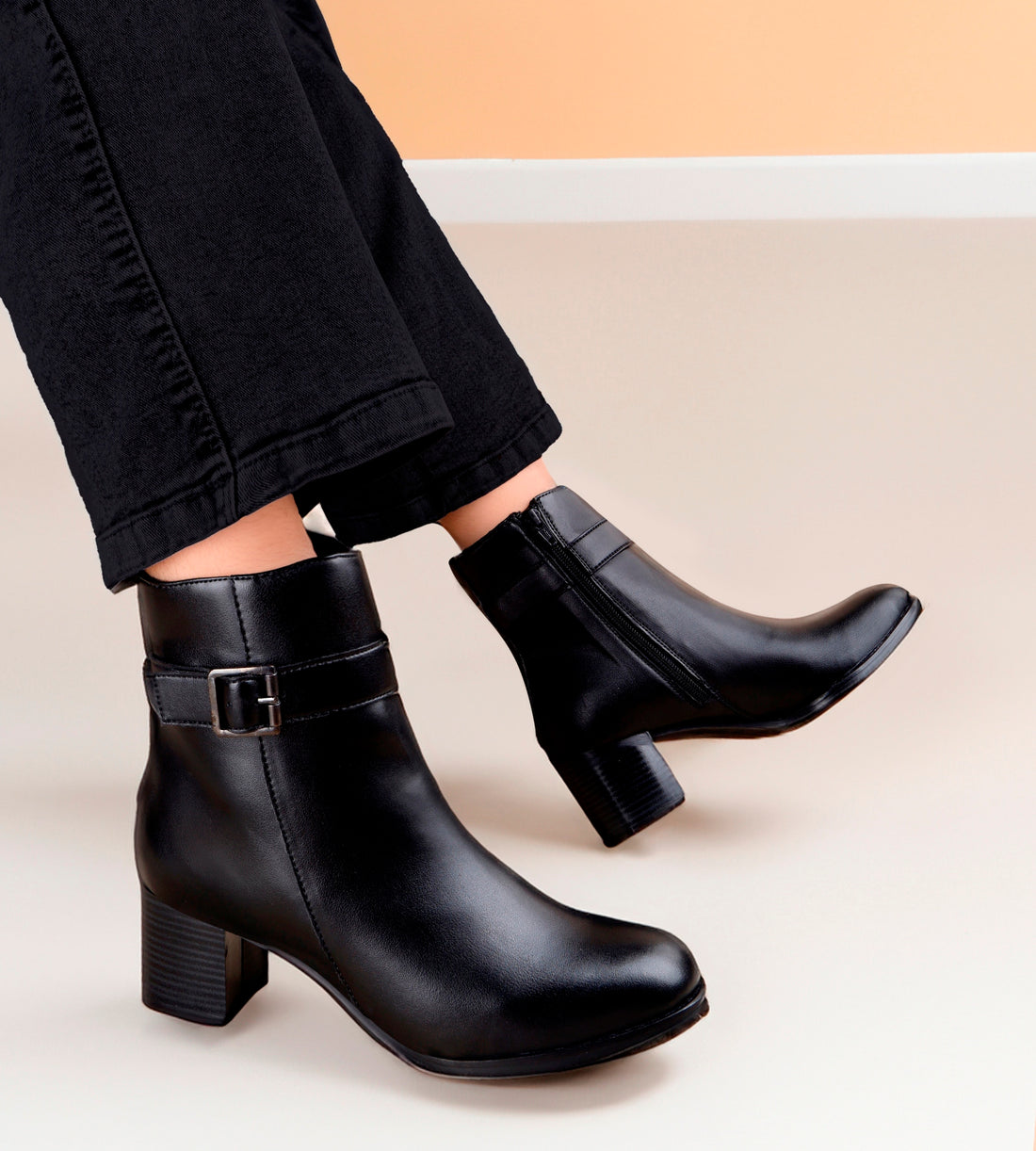 Luxury black vegan ankle boots for women with side buckle and zipper – Marco Bellorri