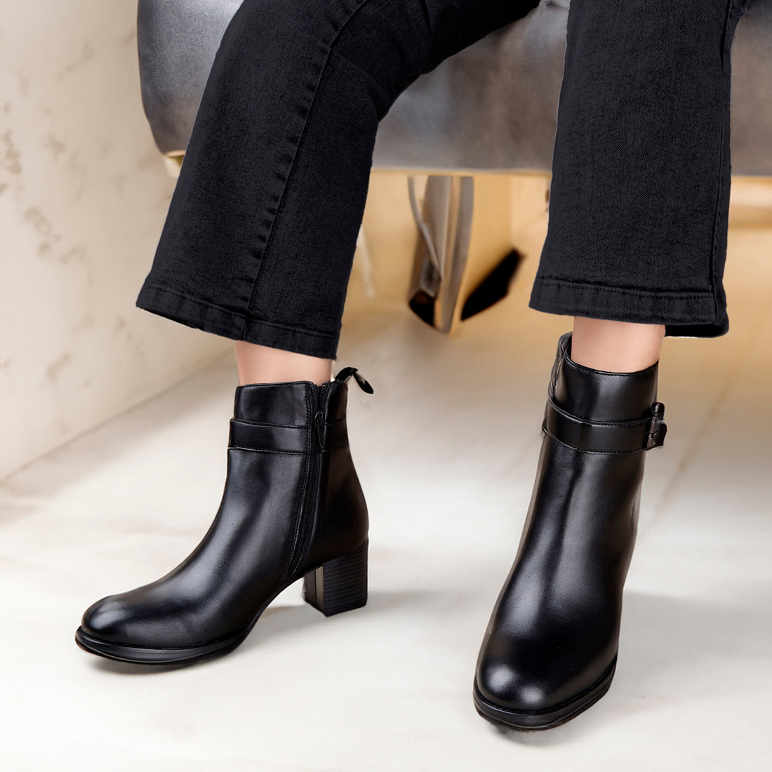 Luxury black vegan ankle boots for women with side buckle and zipper – Marco Bellorri