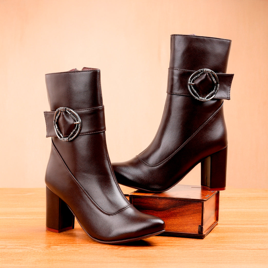 Luxury brown vegan ankle boots for women with buckle strap – Marco Bellorri