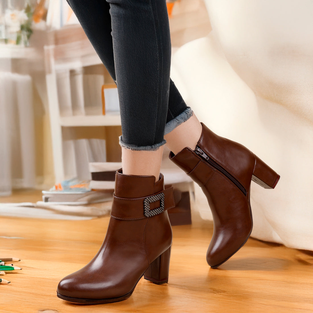 Luxury brown vegan heel buckle boots for women – Marco Bellorri